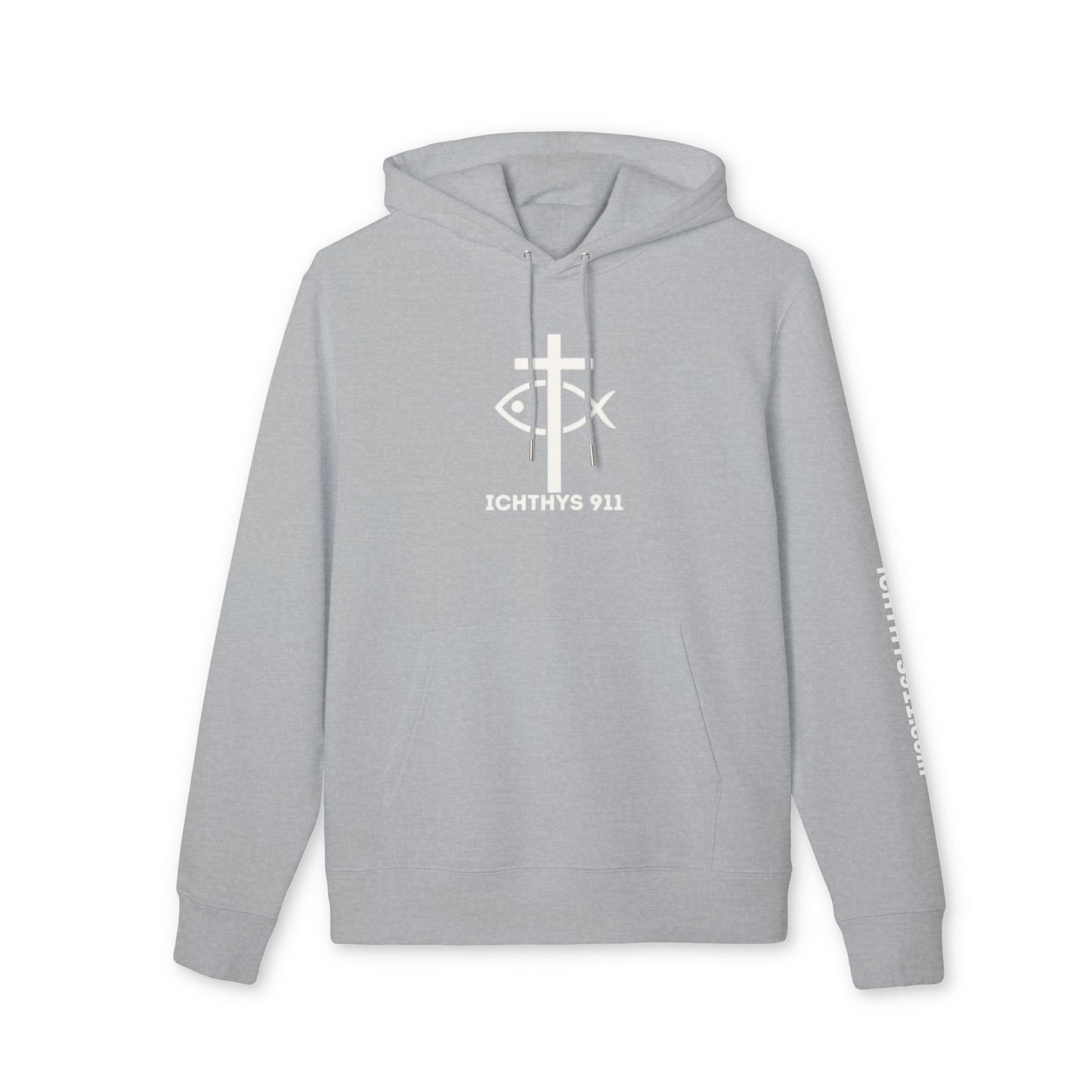 ICHTHYS 911 Hoodie – Unisex Pullover -White Font - Black Font on White - Heavy Fabric - ICHTHYS 911 Logo on Front & Back - 100% Organic