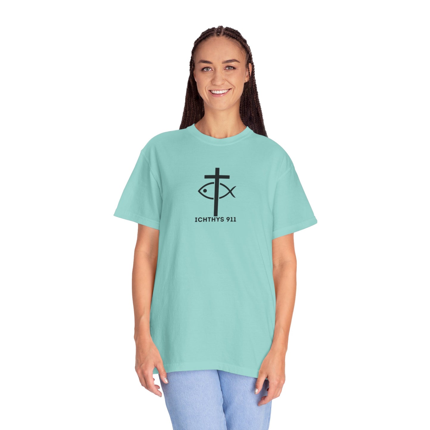 ICHTHYS 911 - Black Font - Additional Flavors - "Faith & Strength" - Unisex  - Garment Dyed -100% US Cotton -Short Sleeve Tee - Inspirational Graphic T-Shirt for Everyday Motivation - Women T-Shirt - Soft T
