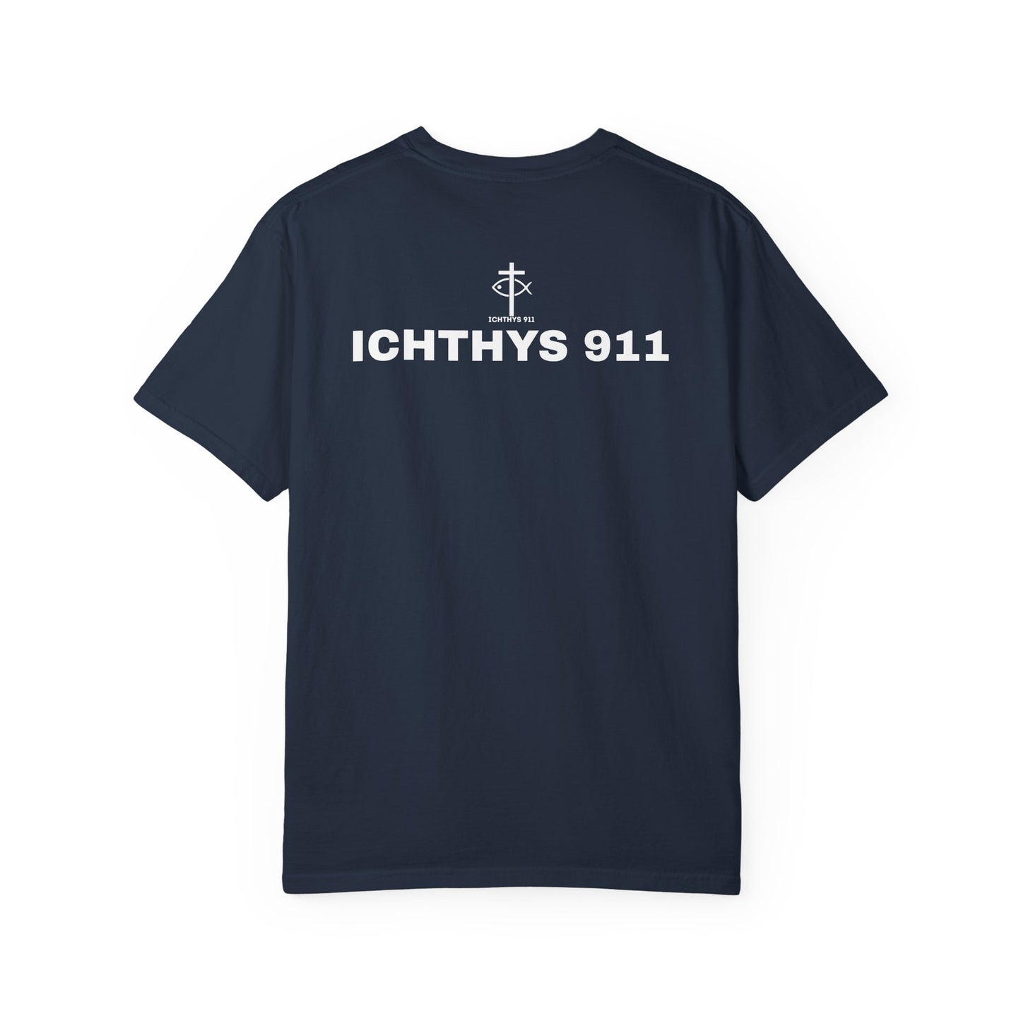 ICHTHYS 911 - White Font "Authentic" - Christian Streetwear T-Shirt – Unisex - Women T-Shirt - Men T-Shirt - Jesus Gym & Faith Fashion, Unisex Garment-Dyed T-Shirt