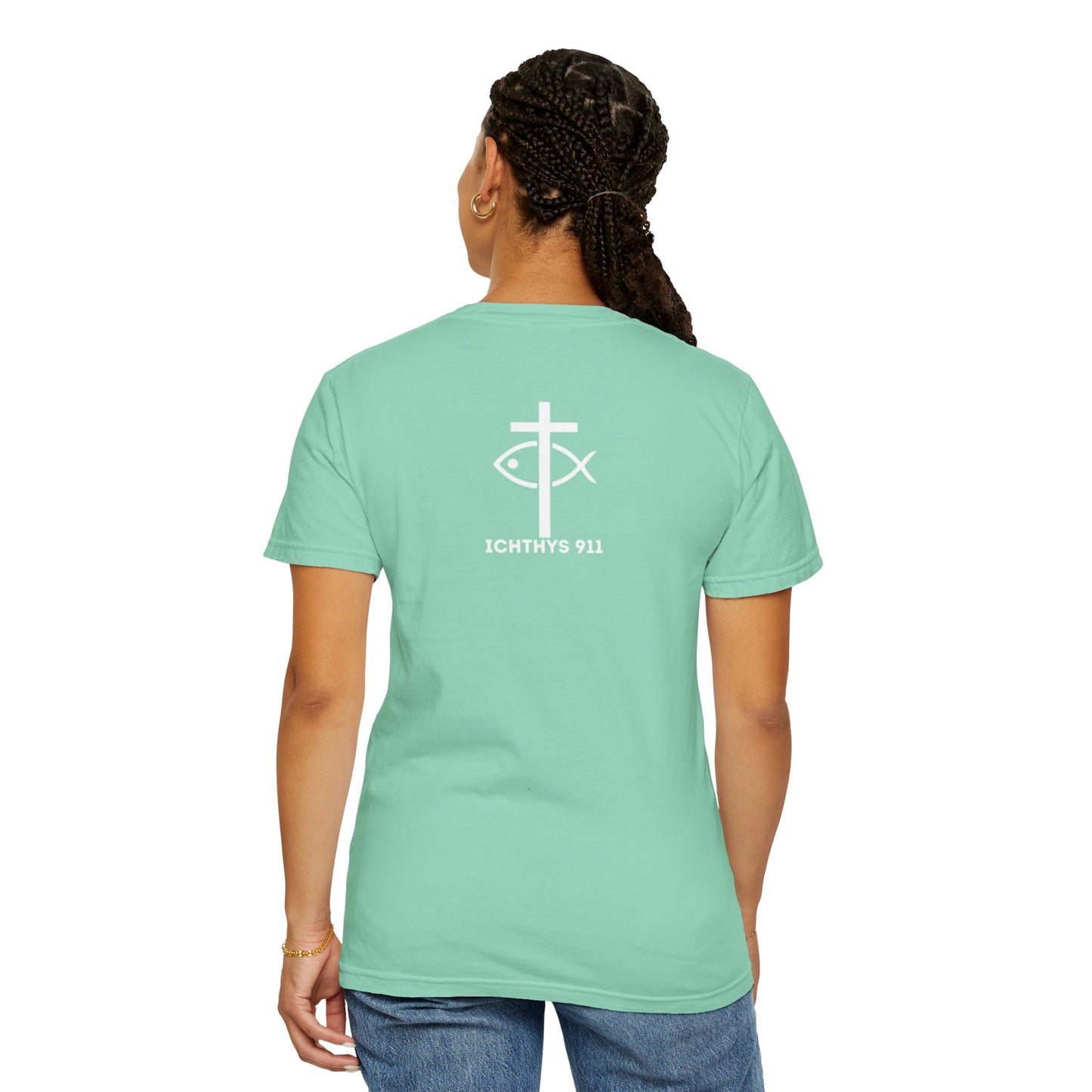 ICHTHYS 911 - "God Sees the Heart" Reverse Design - White Font - Unisex Garment - Dyed T-Shirt - 100% US Cotton - Men T-Shirt - Women T-Shirt - Inspirational Graphic T-Shirt for Everyday Motivation