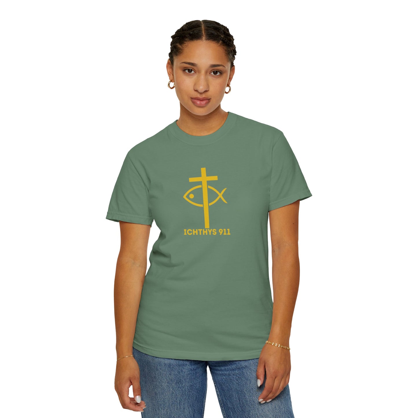 "Jesus Christ Son of God Savior" - Gold Font - Unisex Garment Dyed T- Shirt - Men T-Shirt - Women T-Shirt - Christian Streetwear T-Shirt – Jesus Gym & Faith Fashion,ICHTHYS 911 -