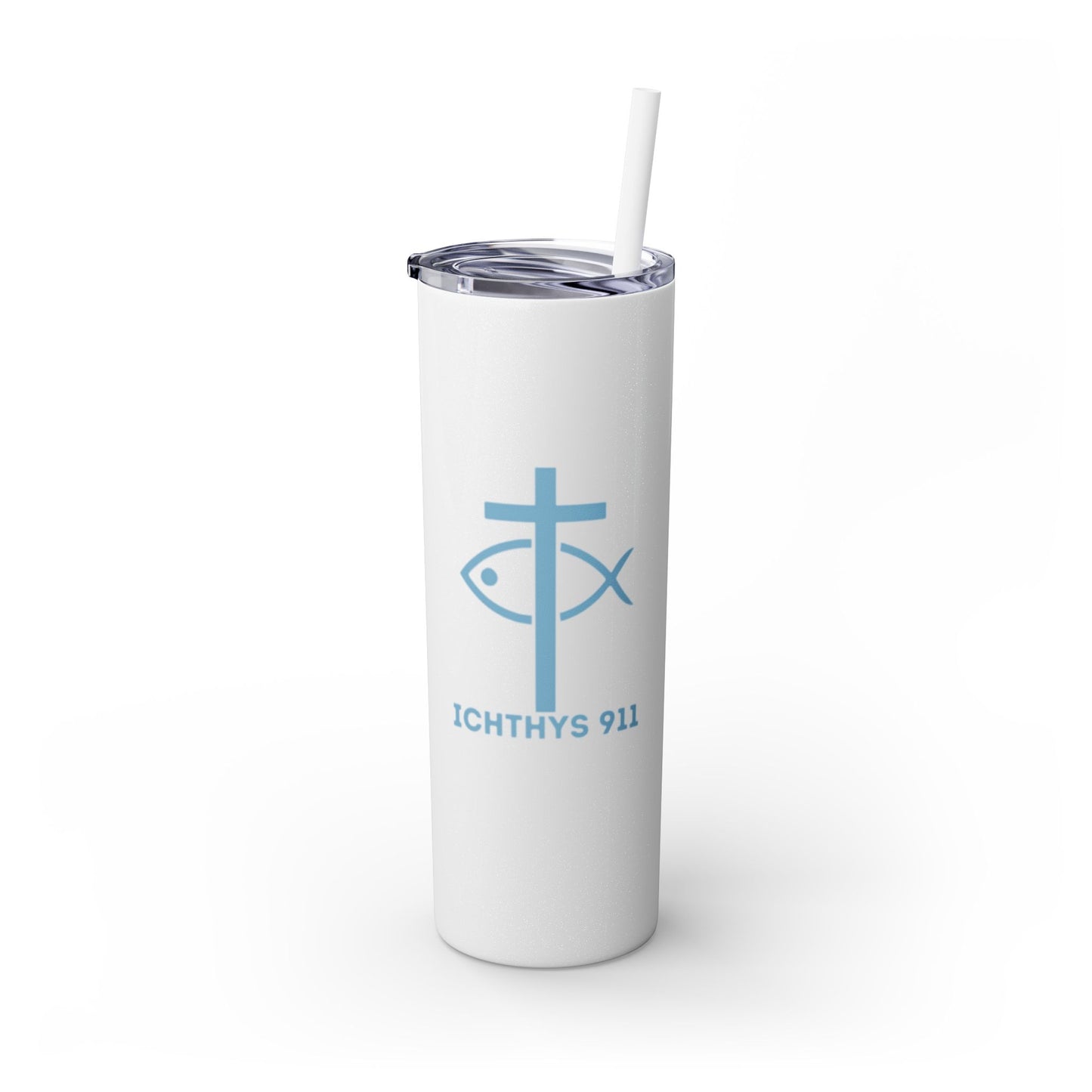 ICHTHYS 911 - Blue Font - Faith-Inspired Skinny Tumbler with Straw - 20oz Baby Shower Drip