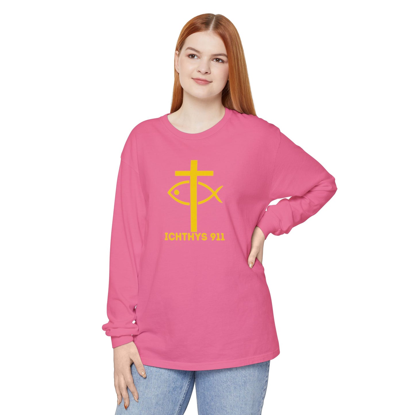 Authentic ICHTHYS 911 Collection -  Gold Font - Unisex Garment Dyed Long Sleeve T-Shirt - Men Long Sleeve - Women Long Sleeve - Christian Faith Symbol Tee - Faith Inspired