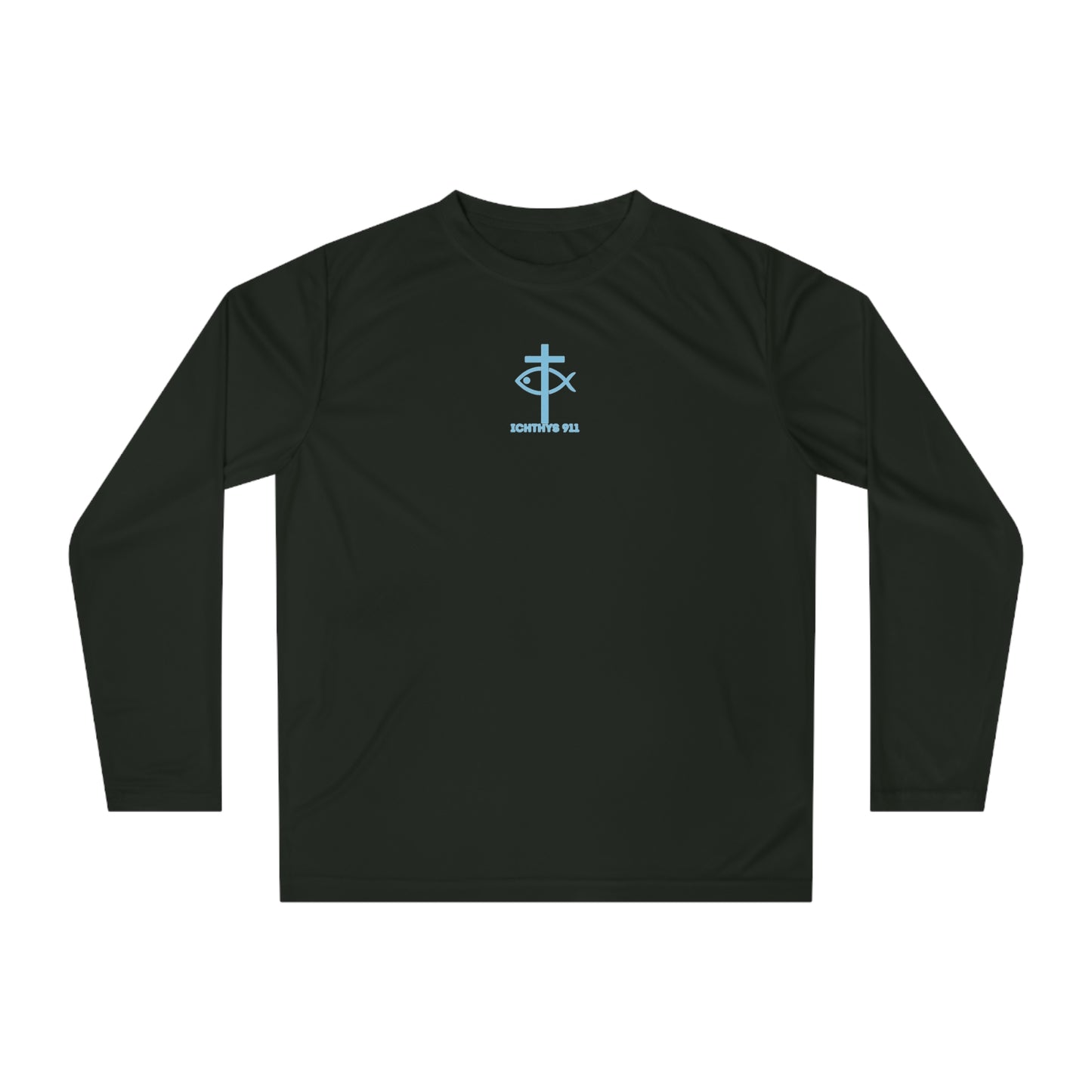 ICHTHYS 911 "Rise & Conquer Romans 8:38"  Unisex Performance Long Sleeve Shirt - Men - Women - 100% Moisture-Wicking Poly - Christian Activewear
