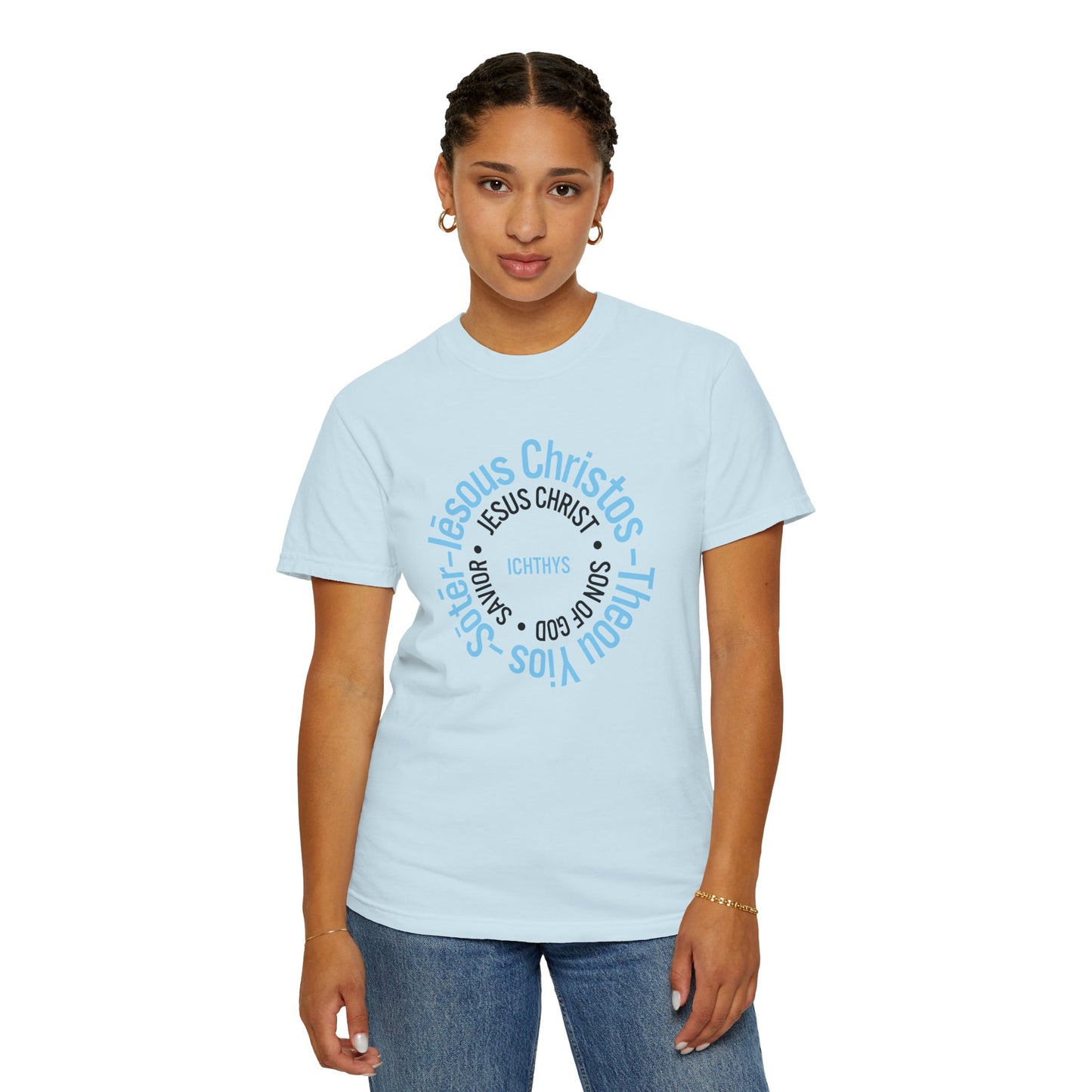 ICHTHYS 911 Blue & Black Font "Iēsous Christos, Theou Yios, Sōtēr" - Collection - Reverse Design - Unisex Garment Dyed - 100% US Cotton - Christian Graphic Tee - Gym - T - Christian Faith - Jesus Wear - Women T-Shirt - Men T-Shirt