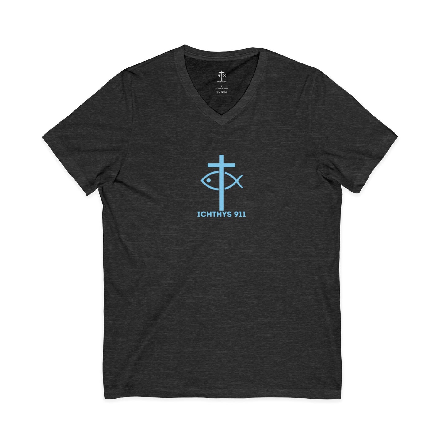 Jesus Is His Name, Saving Souls For Eternity is His Game - Blue Font - V-Neck - Unisex -Men T-Shirt - Women T-Shirt - Christian T - Faith-Inspired Unisex V-Neck Tee - Perfect for Christians - ICHTHYS 911 Design
