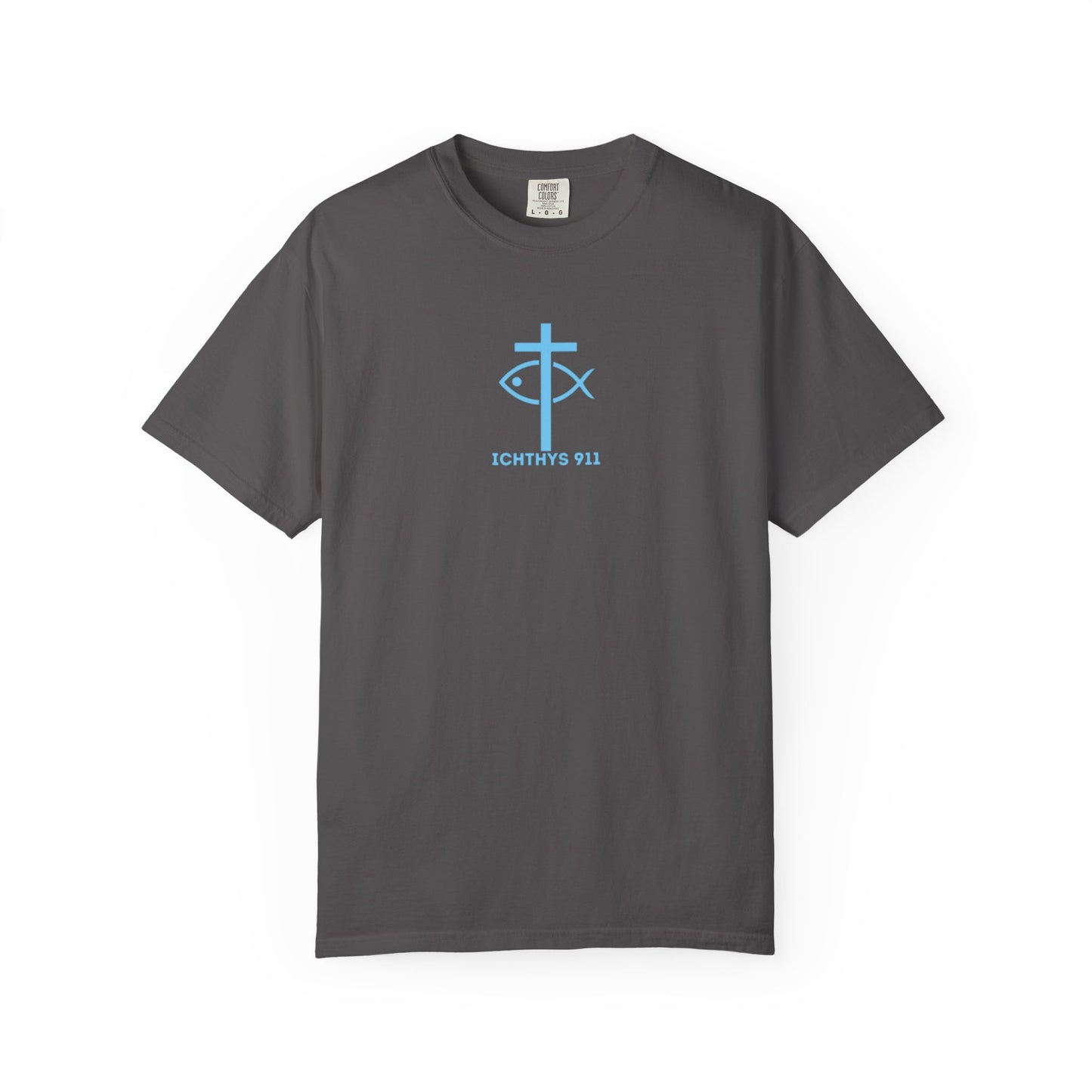 ICHTHYS 911 - "Jesus Christ Son of God Savior" Blue Font - Christian Streetwear T-Shirt – Jesus Gym & Faith Fashion, Unisex Garment-Dyed T-Shirt Blue Font