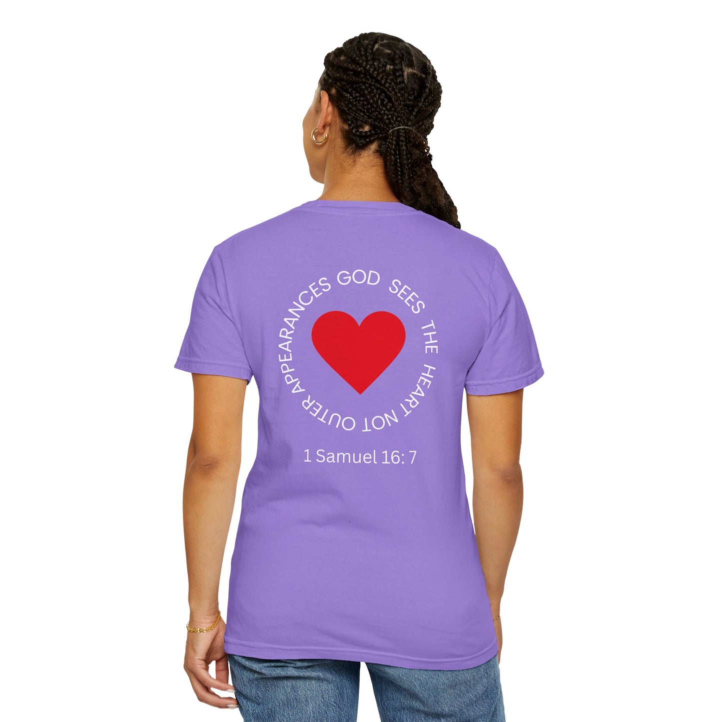 ICHTHYS 911 -  "God Sees the Heart" - White Font - Unisex Garment - Dyed T-Shirt - Inspirational Graphic T-Shirt for Everyday Motivation - 100% US cotton