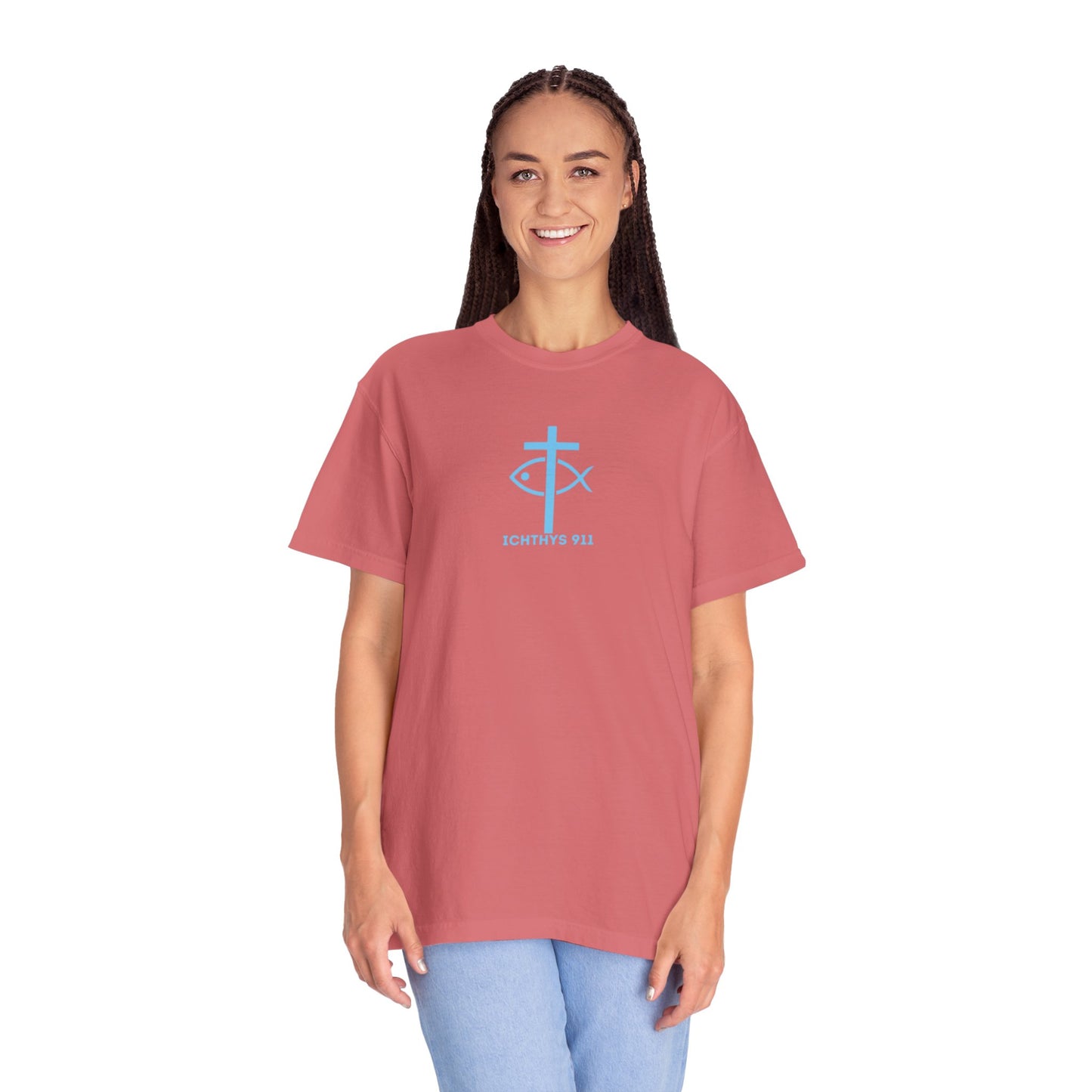 ICHTHYS 911 - "Jesus Christ Son of God Savior" Blue Font - Christian Streetwear T-Shirt – Jesus Gym & Faith Fashion, Unisex Garment-Dyed T-Shirt Blue Font