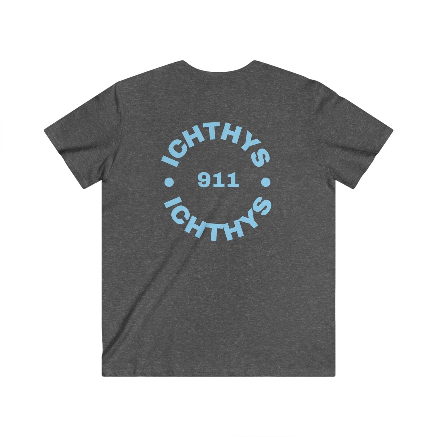 ICHTHYS 911 - Blue Font - "IC Round" - Men's Fitted V-Neck Tee - Casual Comfort for Everyday Wear - Casual T-Shirt - Soft Shirt - Faith Wear