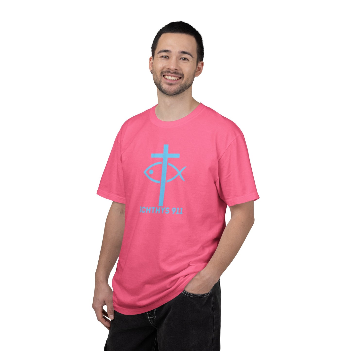 Authentic - Christian Streetwear T-Shirt – Jesus Gym & Faith Fashion, Unisex Garment-Dyed T-Shirt Blue Font - ICHTHYS 911