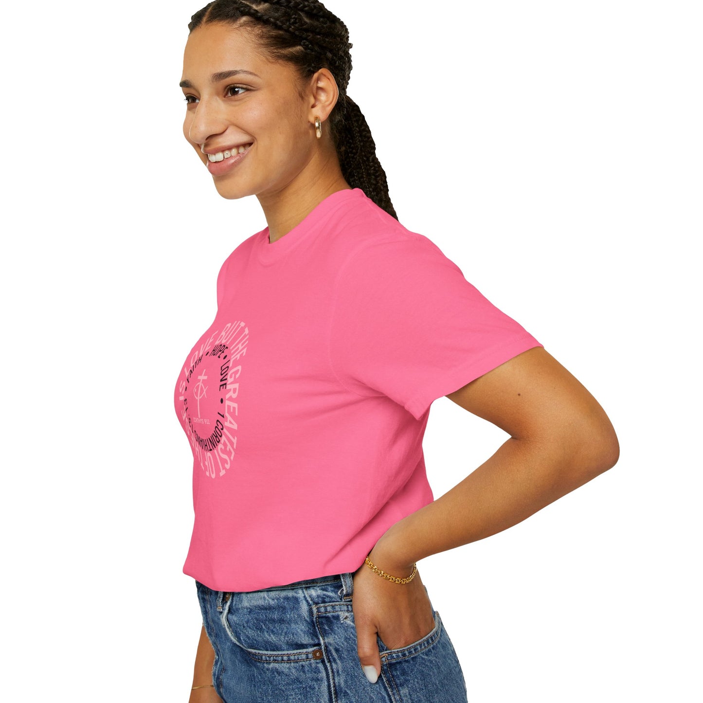 ICHTHYS 911 Pink Font "Faith, Hope, & Love Reverse" - Unisex Garment Dyed T-Shirt - 100% US Cotton - Men T-Shirt - Christian Women Tee - Faith-Inspired Shirt - Christian Fashion - Wear Your Faith