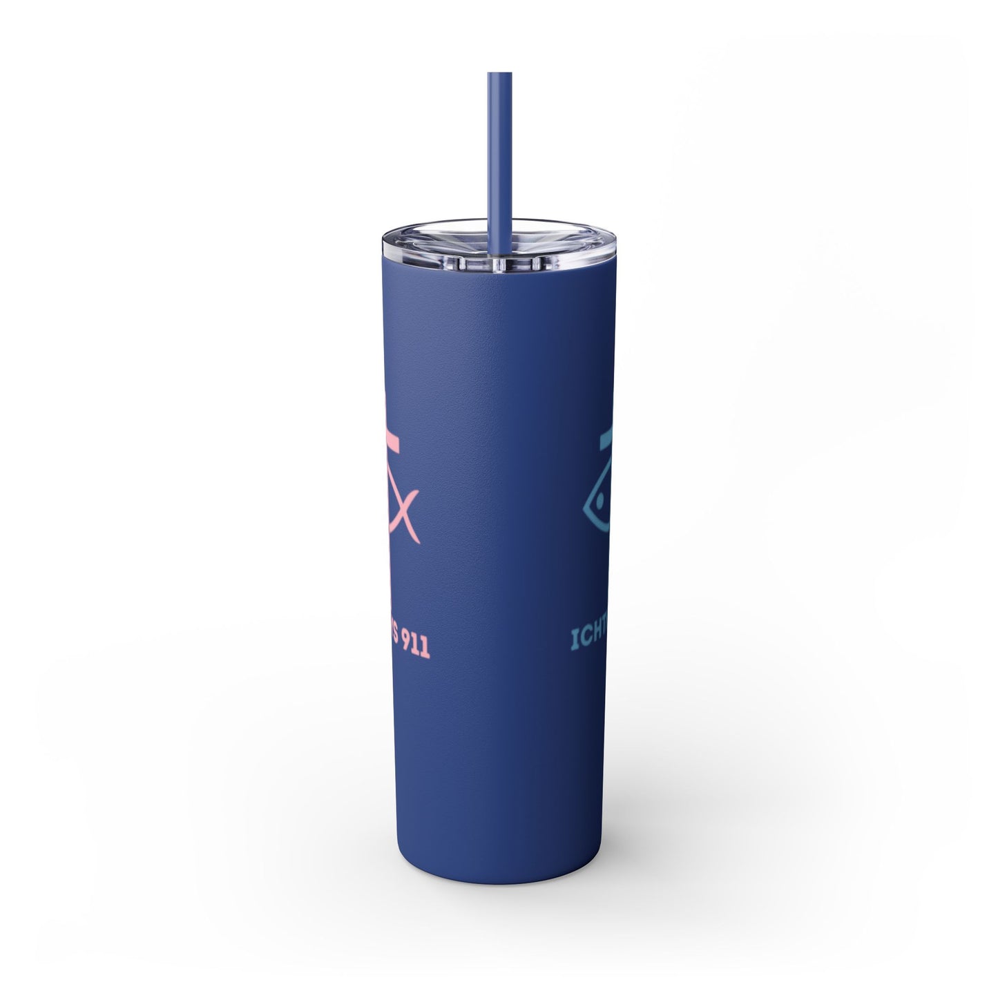 ICHTHYS 911 Pink & Blue Faith-Inspired Skinny Tumbler with Straw - 20oz Baby Shower Drip - Party Favor