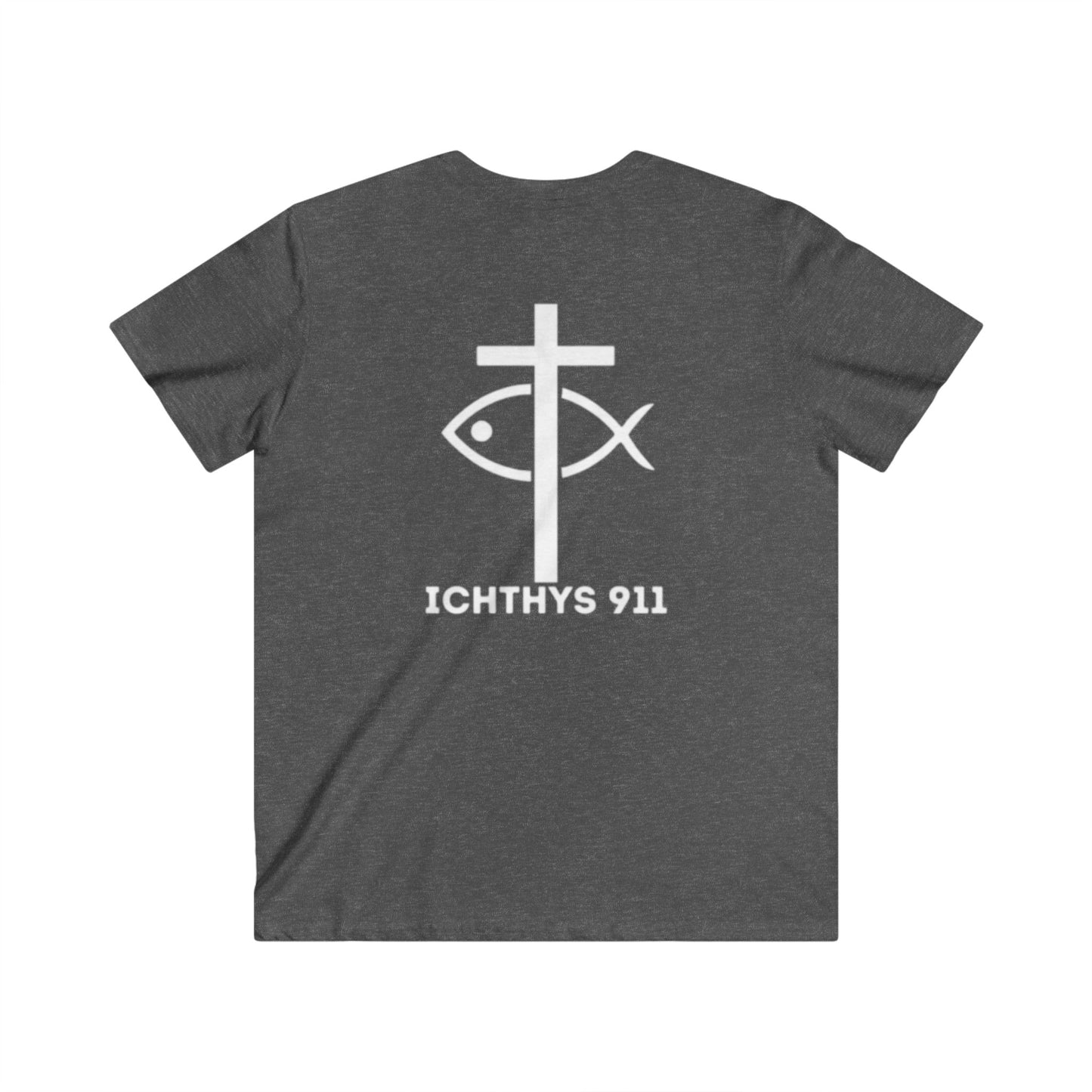 ICHTHYS 911 - Jesus Christ - Son of God - Savior Collection - Men's Fitted V-Neck Short Sleeve T - Shirt - Faith-Inspired - Christian Faith - White Font