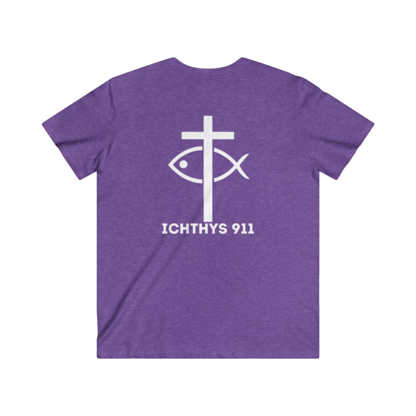 ICHTHYS 911 - Jesus Christ - Son of God - Savior Collection - Men's Fitted V-Neck Short Sleeve T - Shirt - Faith-Inspired - Christian Faith - White Font