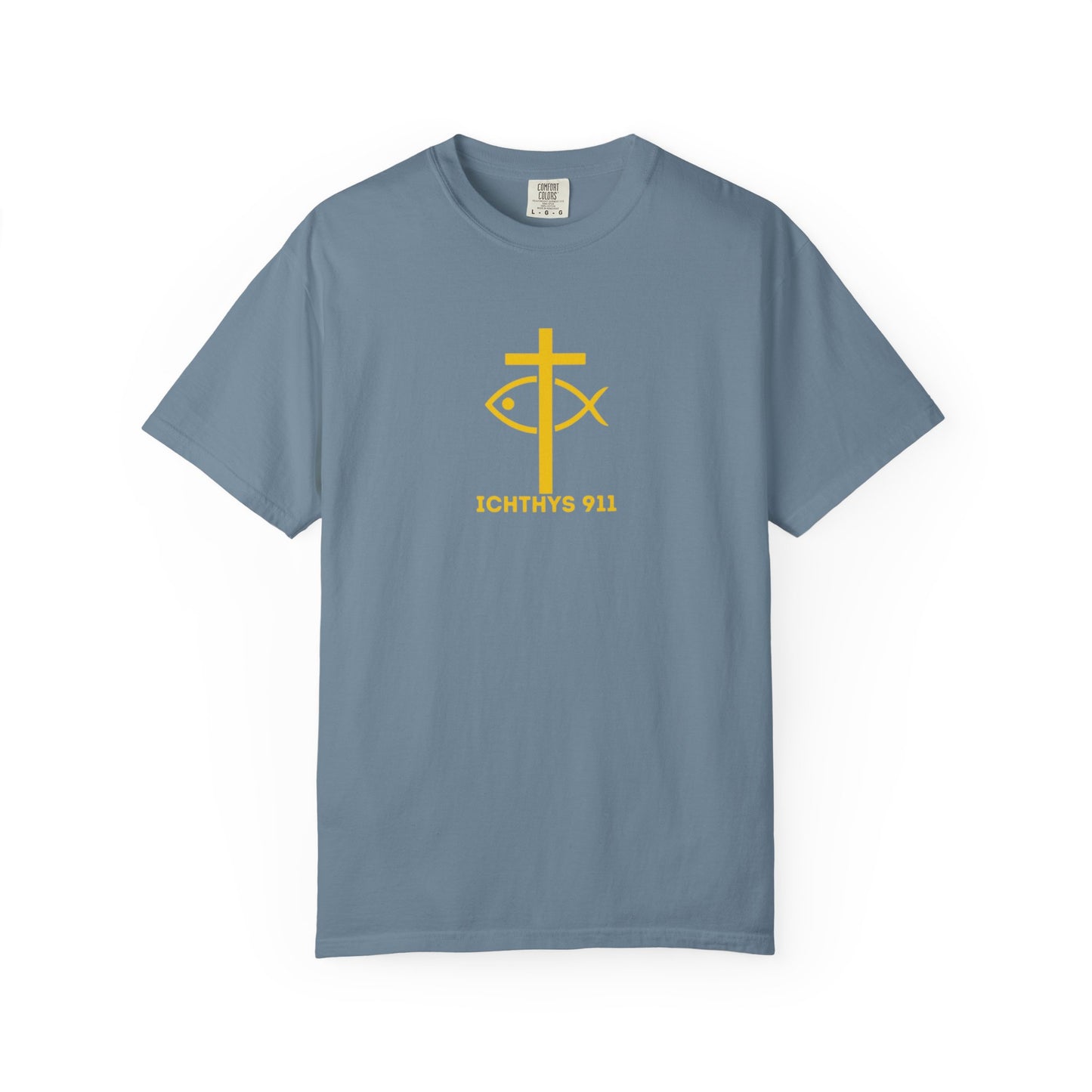 ICHTHYS 911 - "God Sees the Heart" Reverse' Gold Font - Unisex Garment - Dyed T-Shirt - 100% US Cotton - Men T-Shirt - Women T-Shirt - Inspirational Graphic T-Shirt for Everyday Motivation