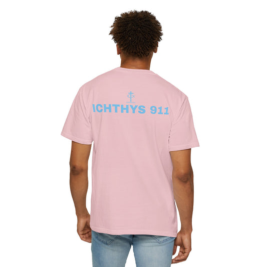 Authentic - Christian Streetwear T-Shirt – Jesus Gym & Faith Fashion, Unisex Garment-Dyed T-Shirt Blue Font - ICHTHYS 911