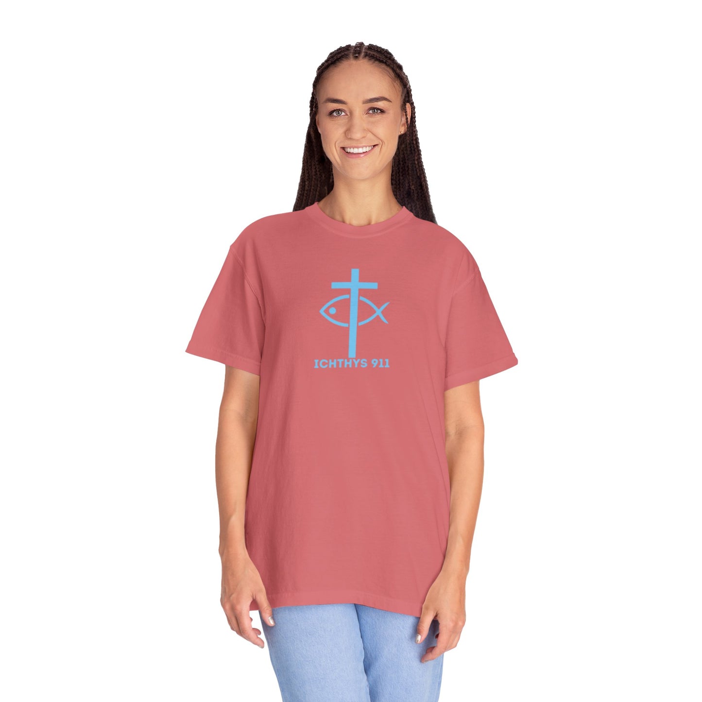 Jesus Christ Son of God Savior - Blue Font - Christian Streetwear T-Shirt – Jesus Gym & Faith Fashion, Unisex Garment-Dyed T-Shirt, ICHTHYS911, Men T-Shirt, Women T-Shirt