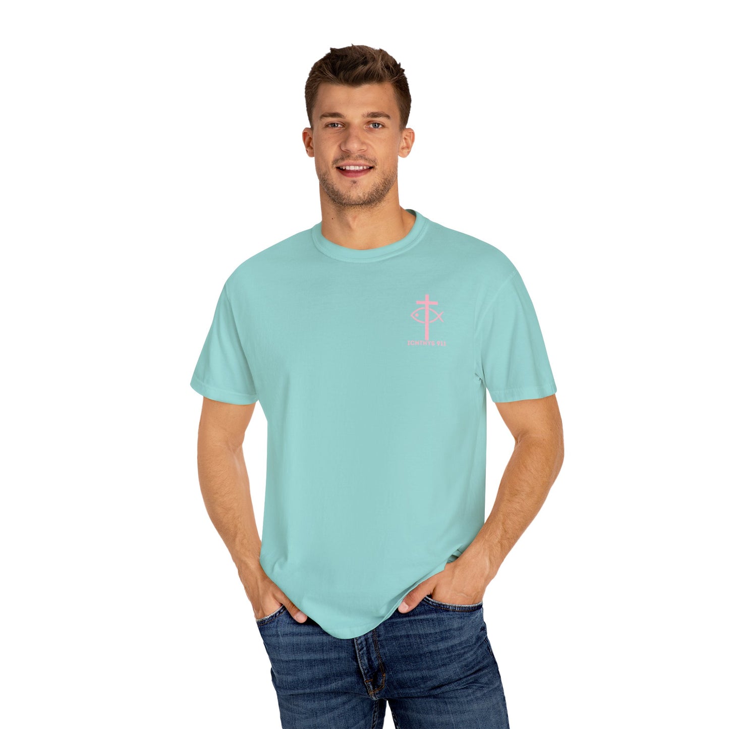 ICHTHYS 911 Pink Font "Badge Collection" - Unisex Garment Dyed T-Shirt 100% US Cotton - Christian Graphic Tee - Gym - T - Christian Faith - Jesus Wear - Women T-Shirt - Men T-Shirt - Garment Dyed