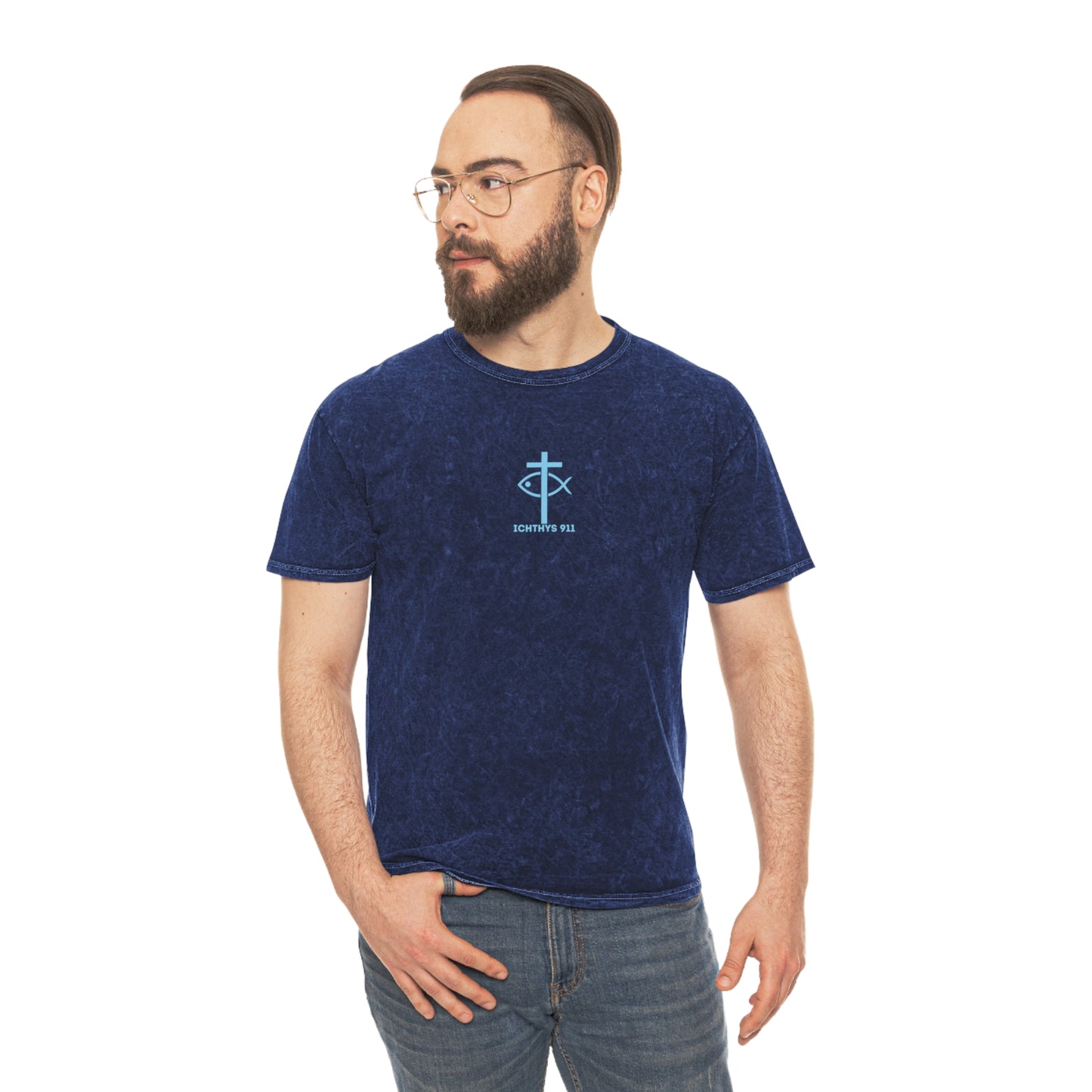 ICHTHYS 911 "Retro JC BD" Unisex Mineral Wash T-Shirt - Faith-Inspired Design with Jesus Christ Print - Wear Your Faith - Men T-Shirt - Women T-Shirt
