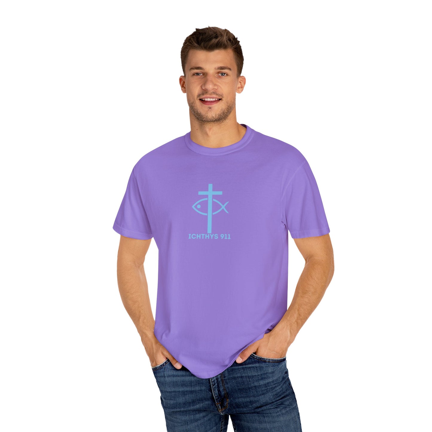 ICHTHYS 911 - Blue Font "Faith, Hope, & Love" - Unisex T-Shirt - Men T-Shirt - Christian Women Tee - Faith-Inspired Shirt - Christian Fashion - Wear Your Faith
