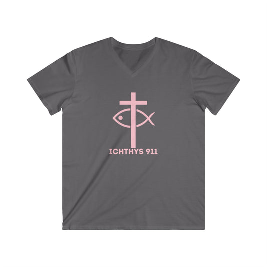 "Iēsous Christos, Theou Yios, Sōtēr" = Jesus Christ Son of God Savior - Men's Fitted V-Neck Short Sleeve T - Shirt - Faith-Inspired - Christian Faith - ICHTHYS 911 - Light Pink Font