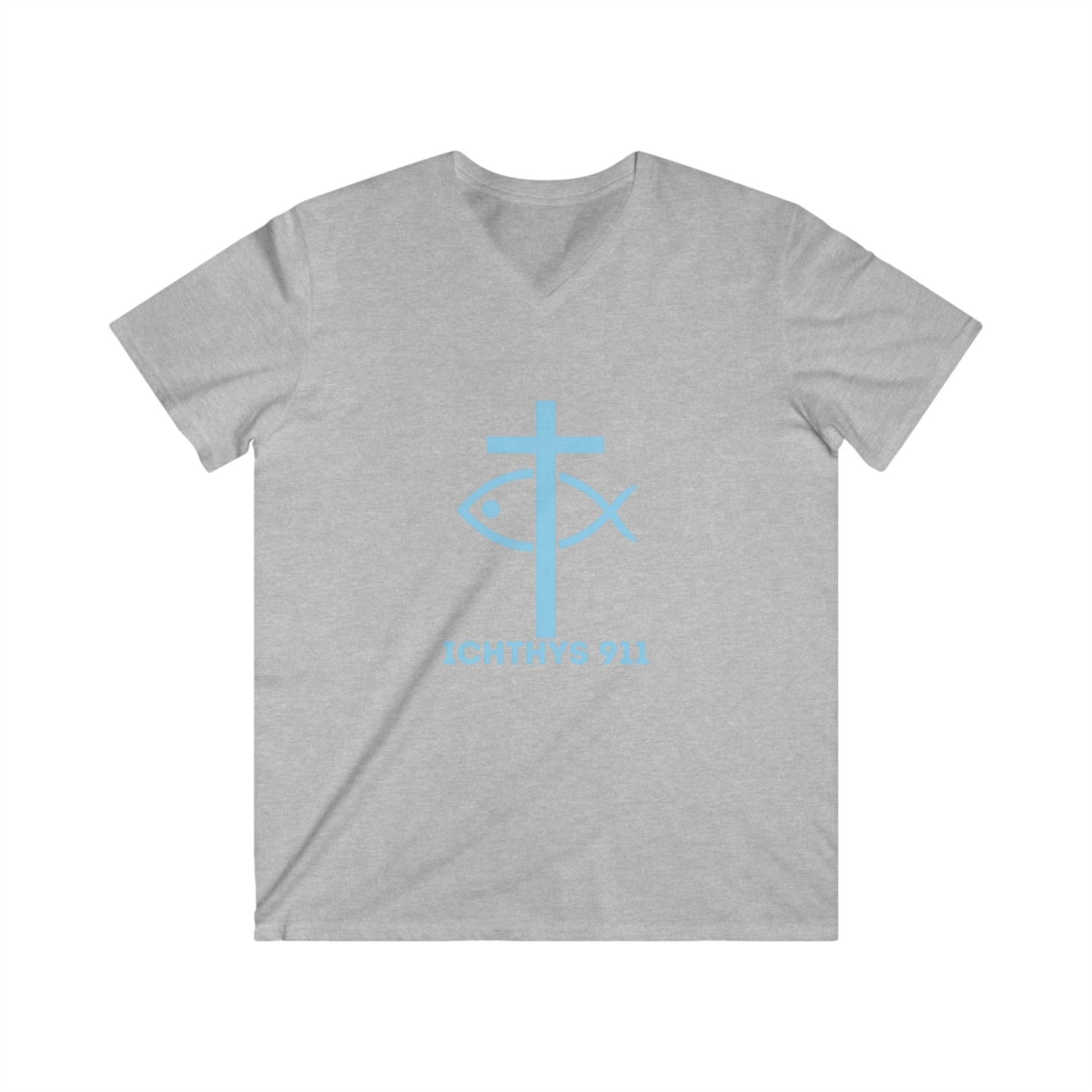 ICHTHYS 911 - Authentic Collection - Men's Fitted V-Neck Short Sleeve T - Shirt - Faith-Inspired in Light Blue Font Christian Faith