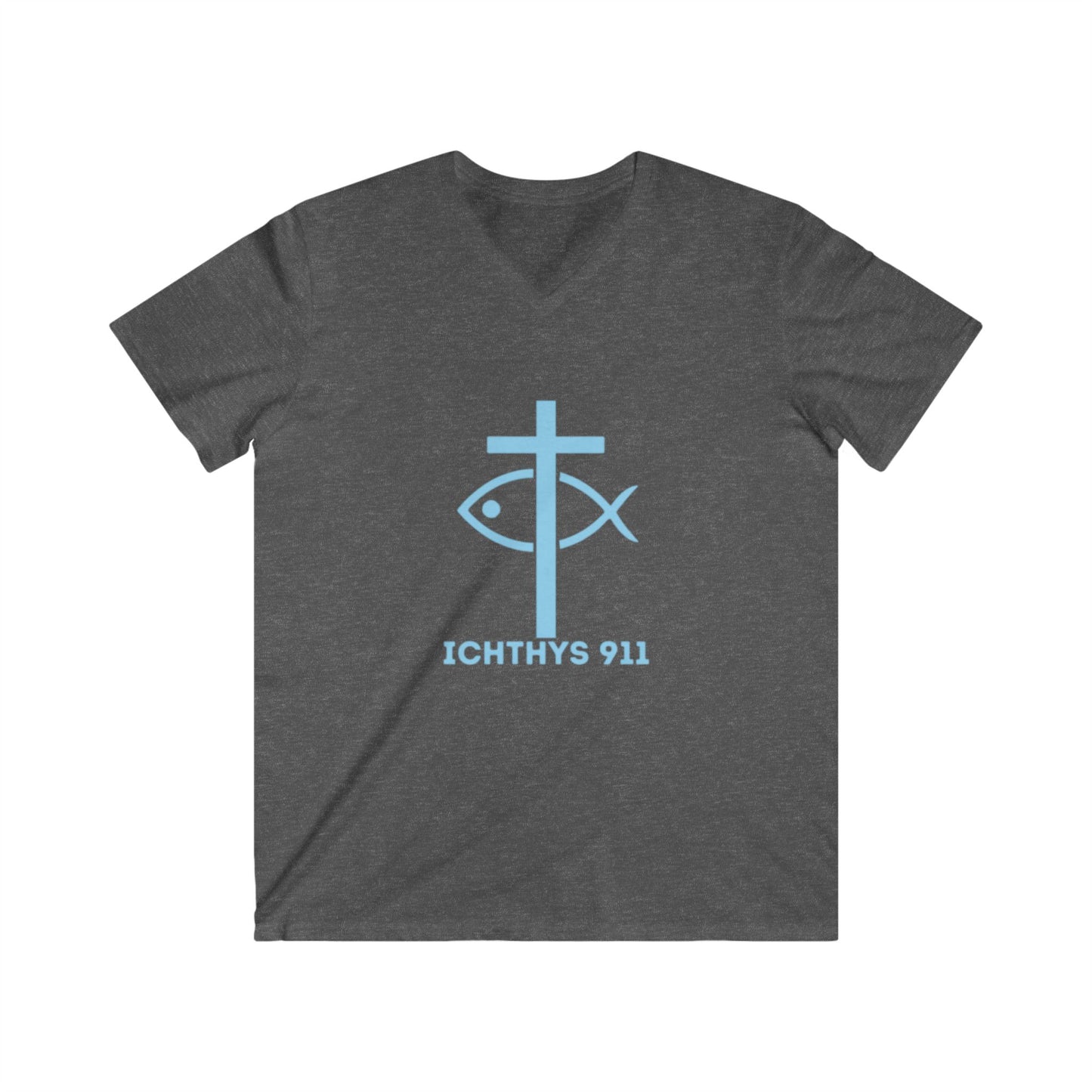 ICHTHYS 911 - Authentic Collection - Men's Fitted V-Neck Short Sleeve T - Shirt - Faith-Inspired in Light Blue Font Christian Faith