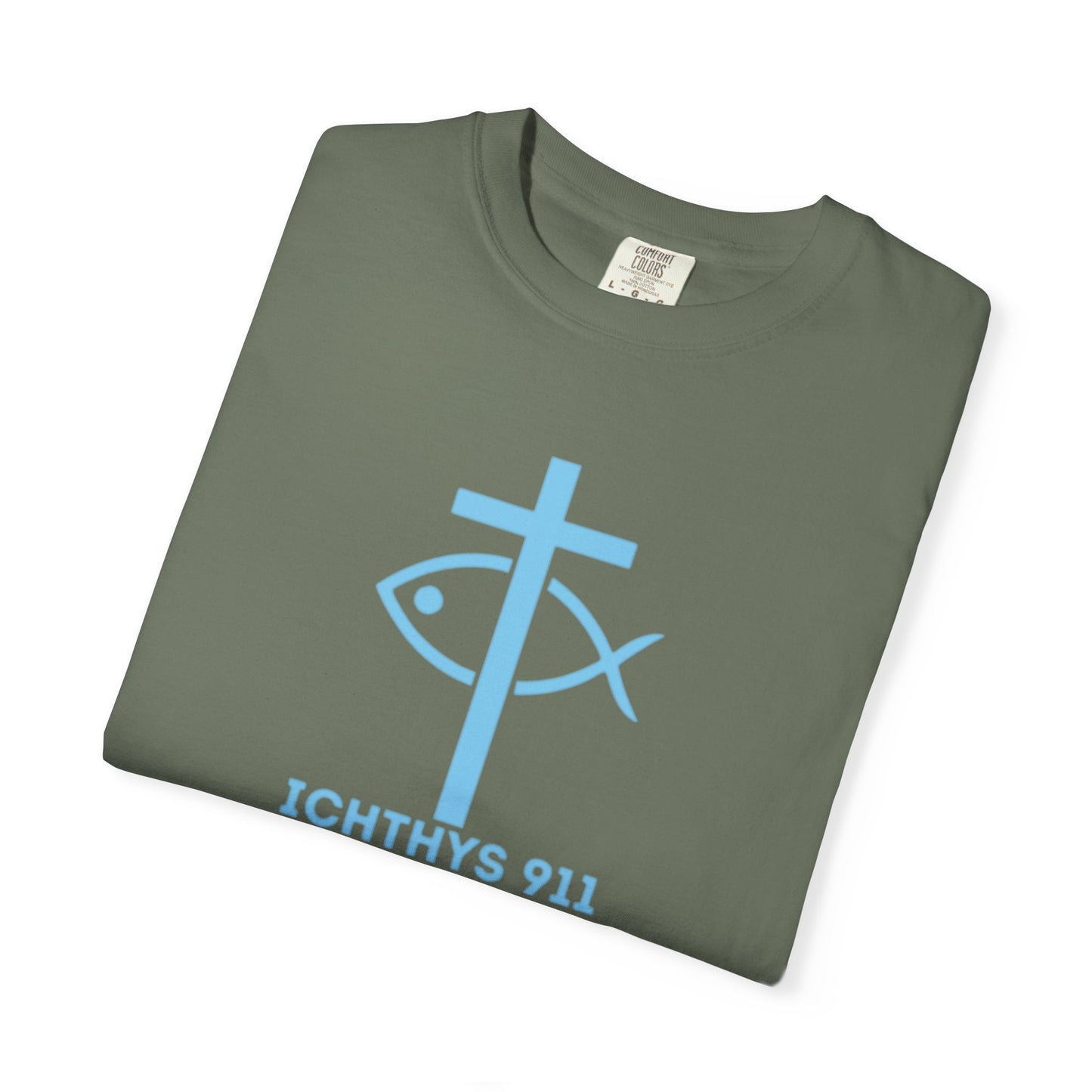 Iēsous Christos, Theou Yios, Sōtēr - Blue Font - Garment-Dyed Unisex T-Shirt - Men T-Shirt - Women T-Shirt - Christian Symbol - Greek - Faith Inspired -Christian Streetwear – Jesus Gym & Faith Fashion, Unisex Garment -ICHTHYS 911 - Additional Colors