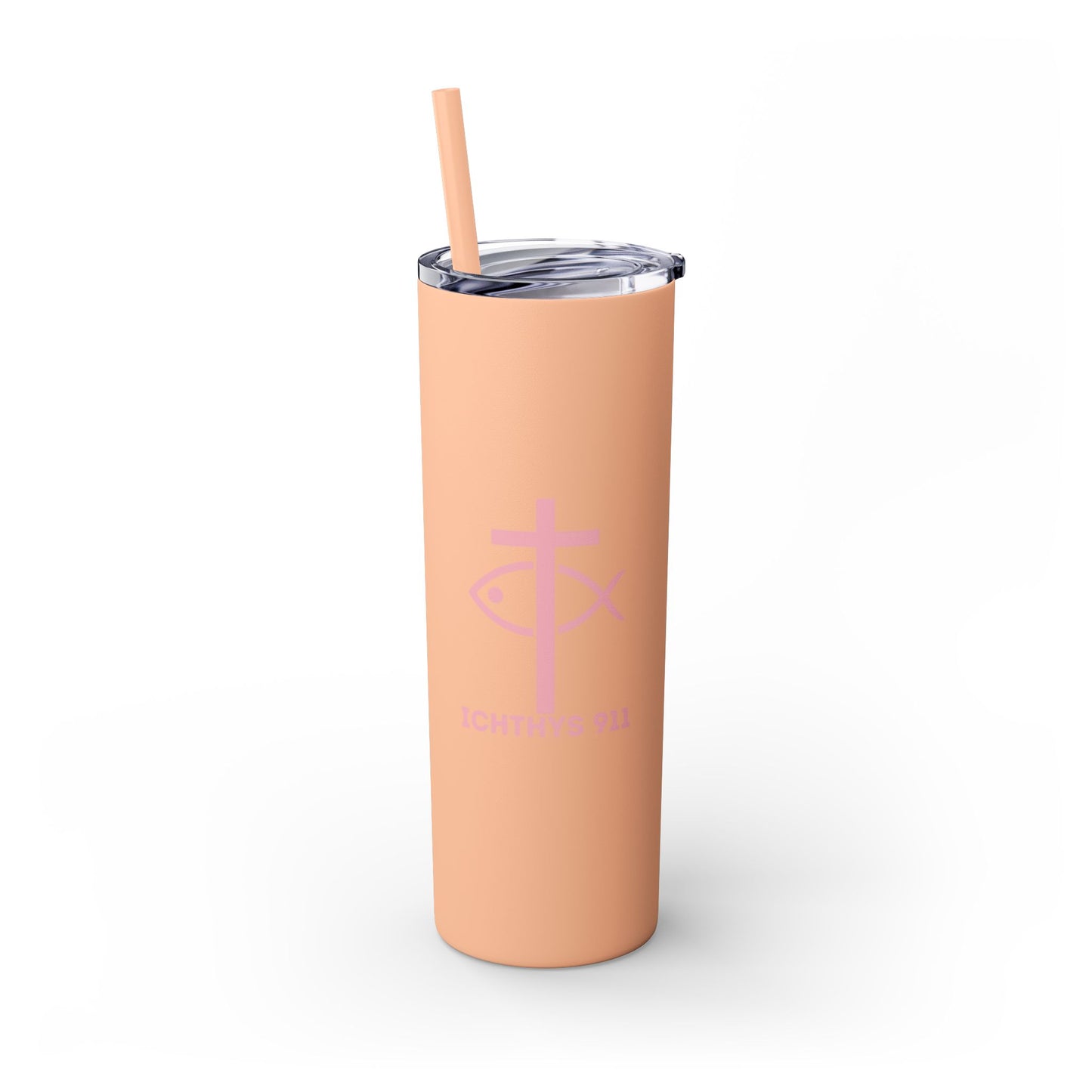 ICHTHYS 911 Pink Font Faith-Inspired Skinny Tumbler with Straw - 20oz