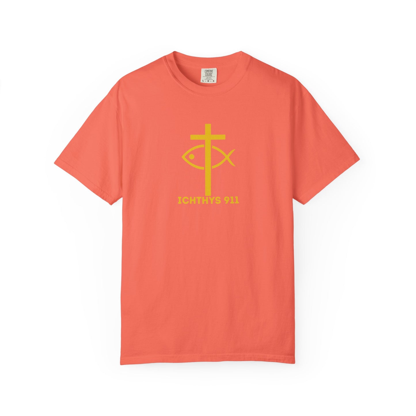 ICHTHYS 911 - "Jesus Christ Son of God Savior" - Gold Font - Unisex Garment Dyed T- Shirt - Men T-Shirt - Women T-Shirt - Christian Streetwear T-Shirt – Jesus Gym & Faith Fashion