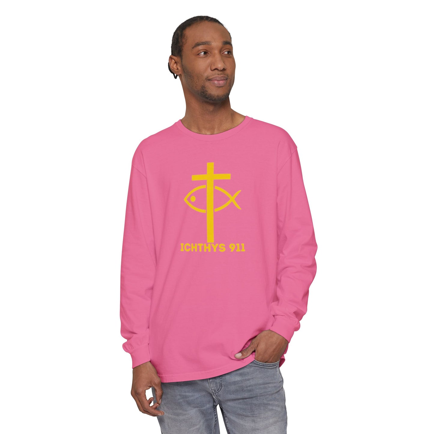 Authentic ICHTHYS 911 Collection -  Gold Font - Unisex Garment Dyed Long Sleeve T-Shirt - Men Long Sleeve - Women Long Sleeve - Christian Faith Symbol Tee - Faith Inspired
