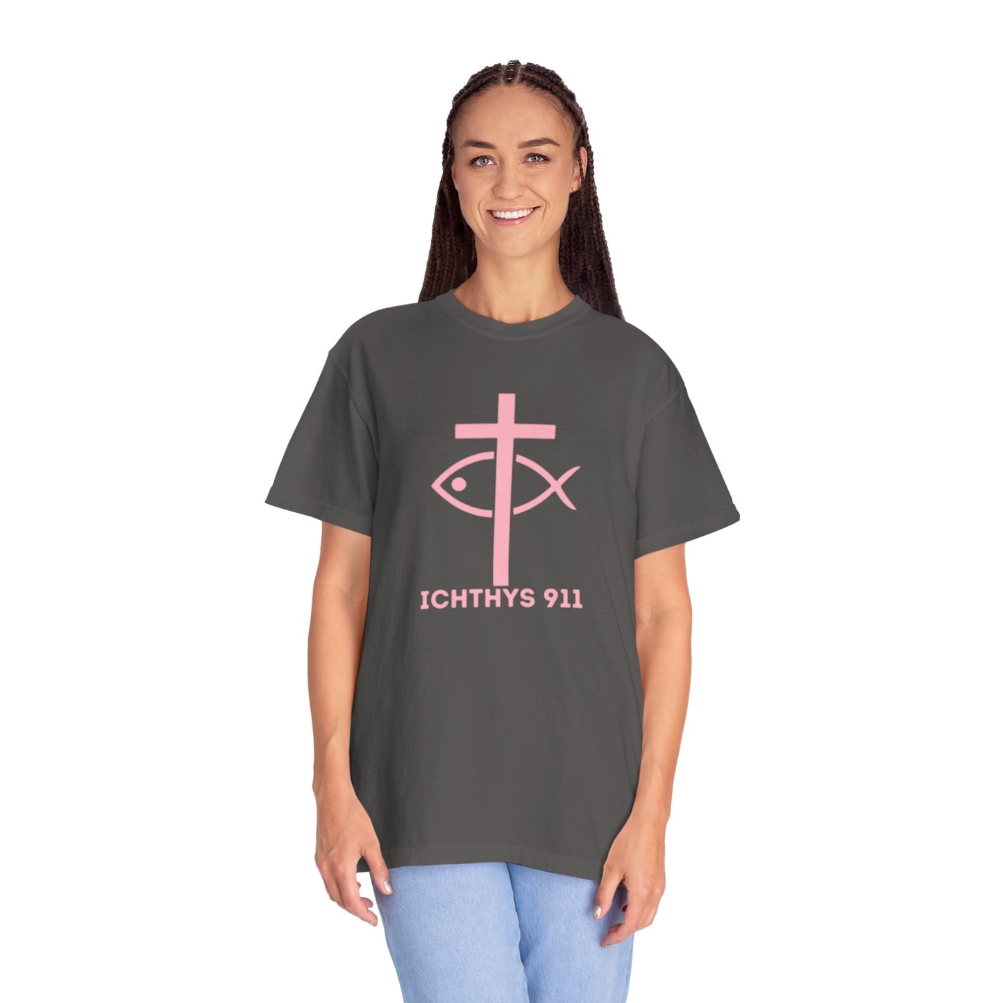 ICHTHYS 911 - Authentic - W/O IC 911 on Back -Christian Streetwear T-Shirt – Jesus Gym & Faith Fashion, Unisex Garment-Dyed T-Shirt Soft Pink Font