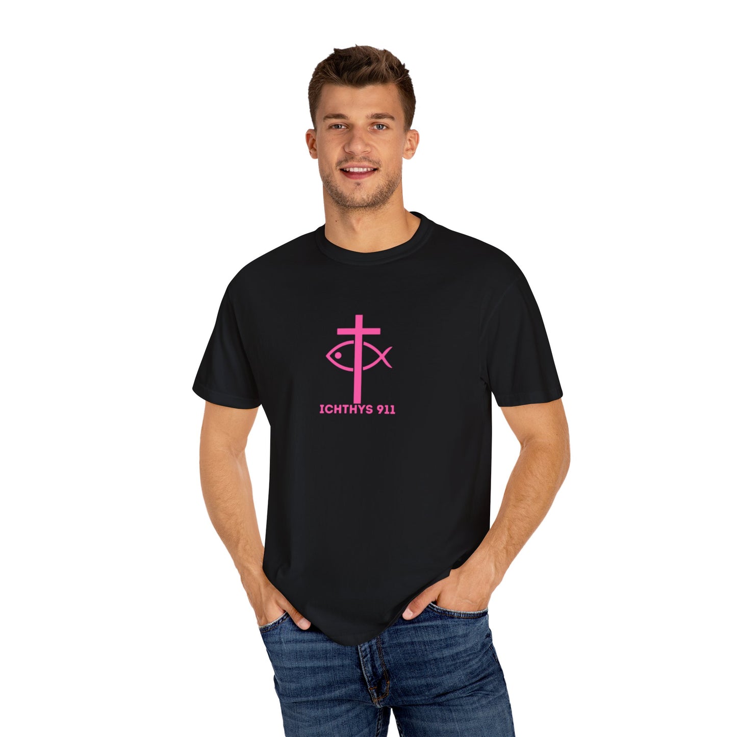 ICHTHYS 911 - "Authentic Design" - Pink Font - Unisex - Men T-Shirt - Women T-Shirt - Christian Streetwear T-Shirt – Jesus Gym & Faith Fashion, Unisex Garment-Dyed T-Shirt
