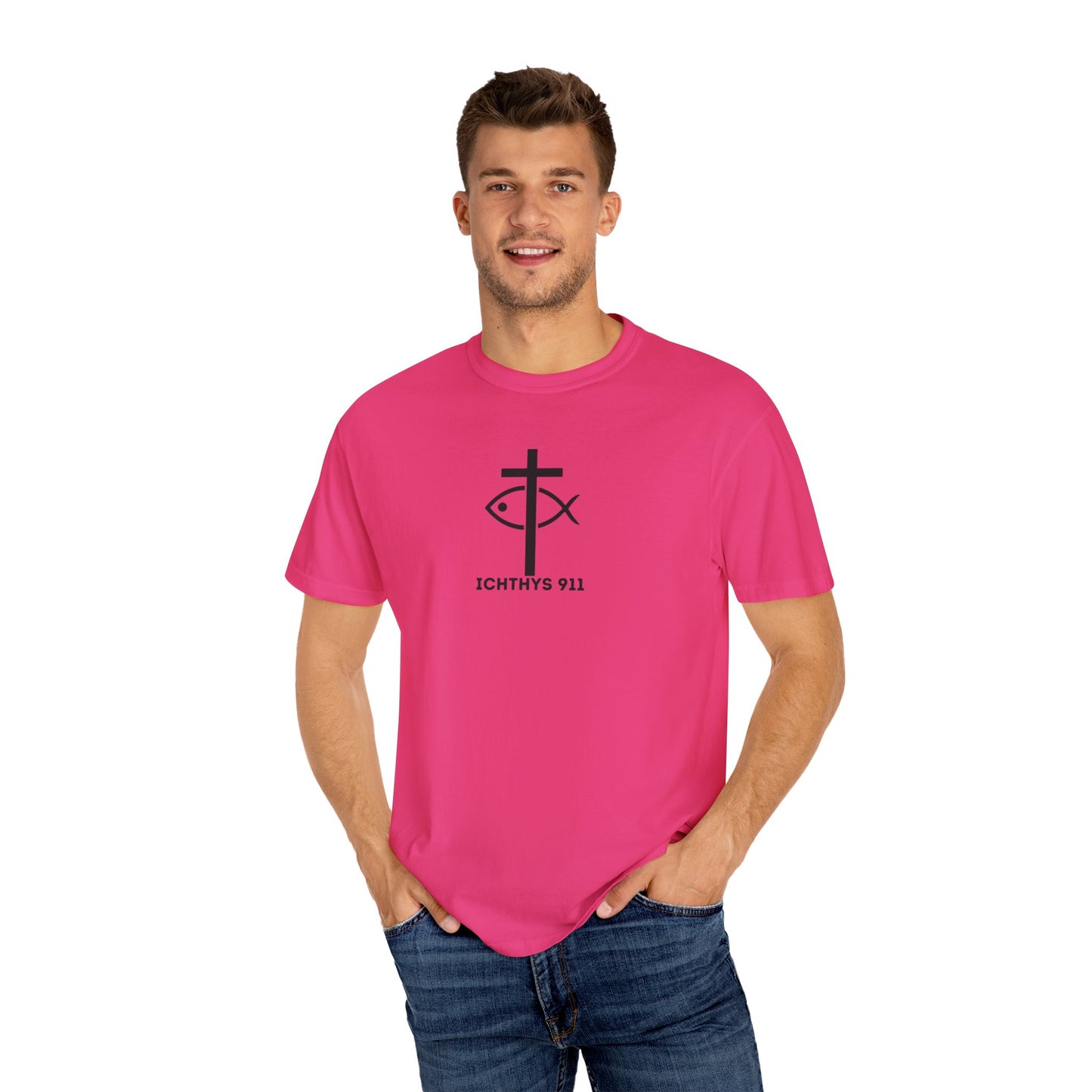 ICHTHYS 911 - Black Font "Faith Driven" - Unisex Garment Dyed T - Shirt - 100% US Cotton -  Men - T - Women T-Shirt - Christian Inspirational Tee - Garment Dyed