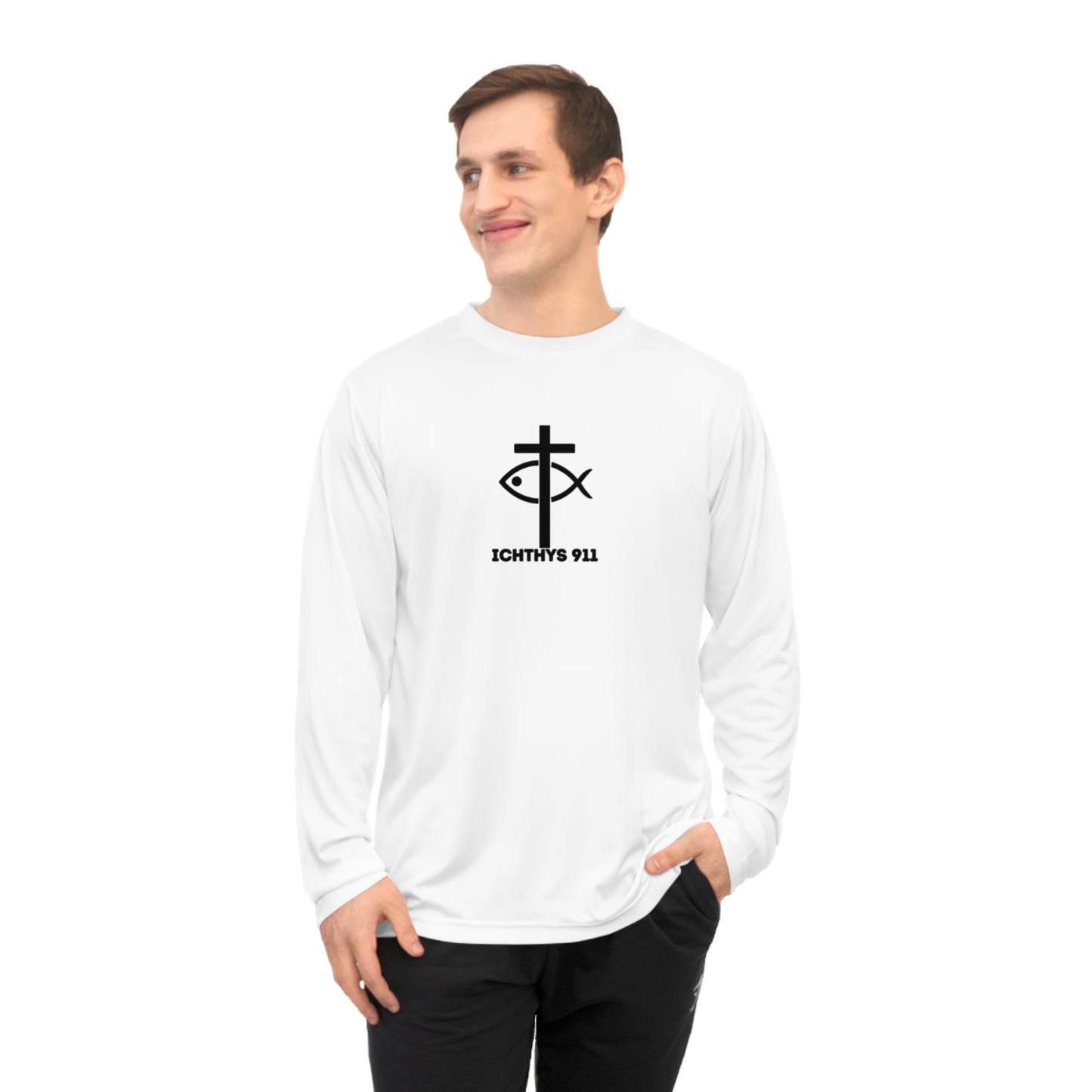 ICHTHYS 911 "Rise & Conquer Romans 8:38"  White Font - Unisex Performance Long Sleeve Shirt - Men - Women - 100% Moisture-Wicking Poly - Christian Activewear