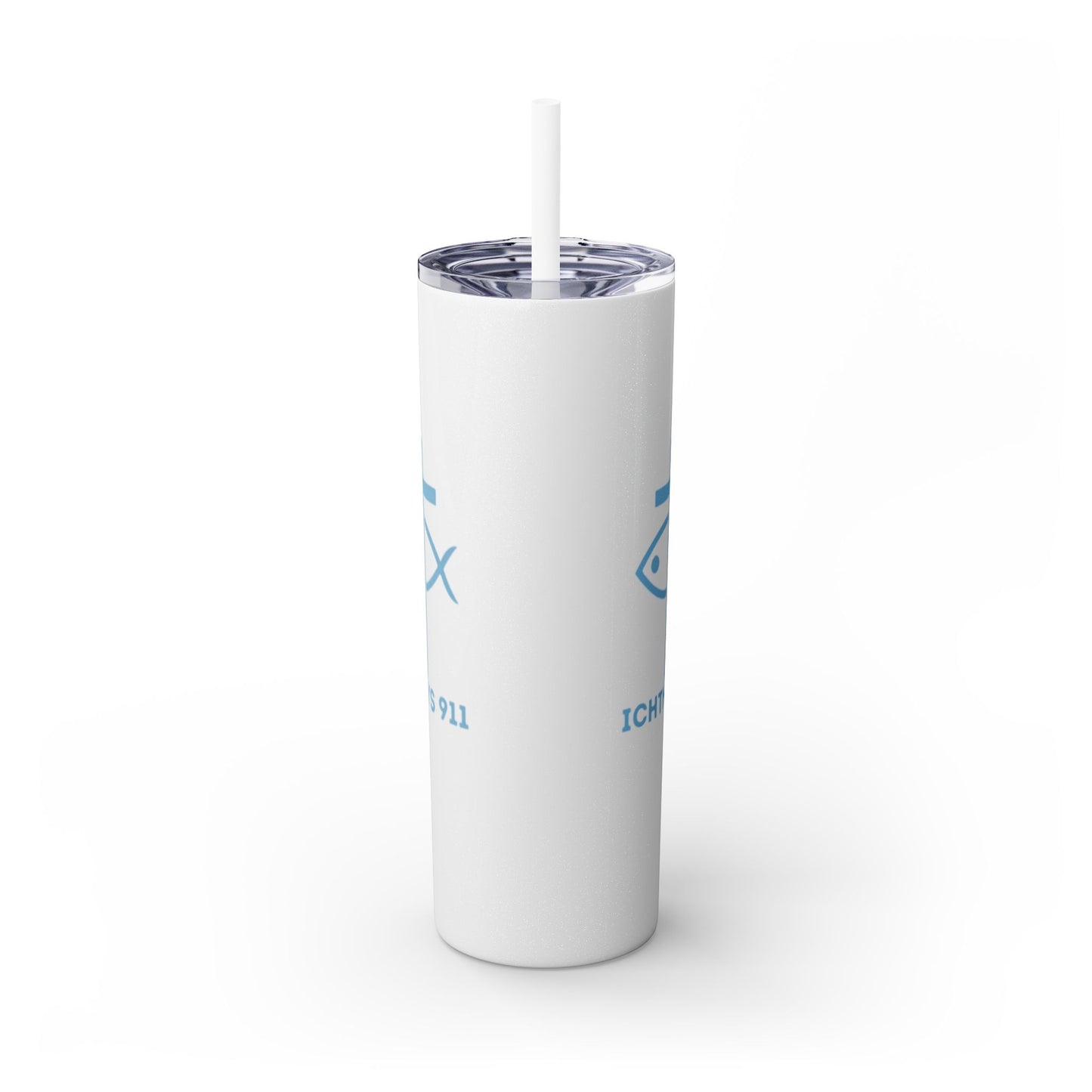 ICHTHYS 911 - Blue Font - Faith-Inspired Skinny Tumbler with Straw - 20oz Baby Shower Drip