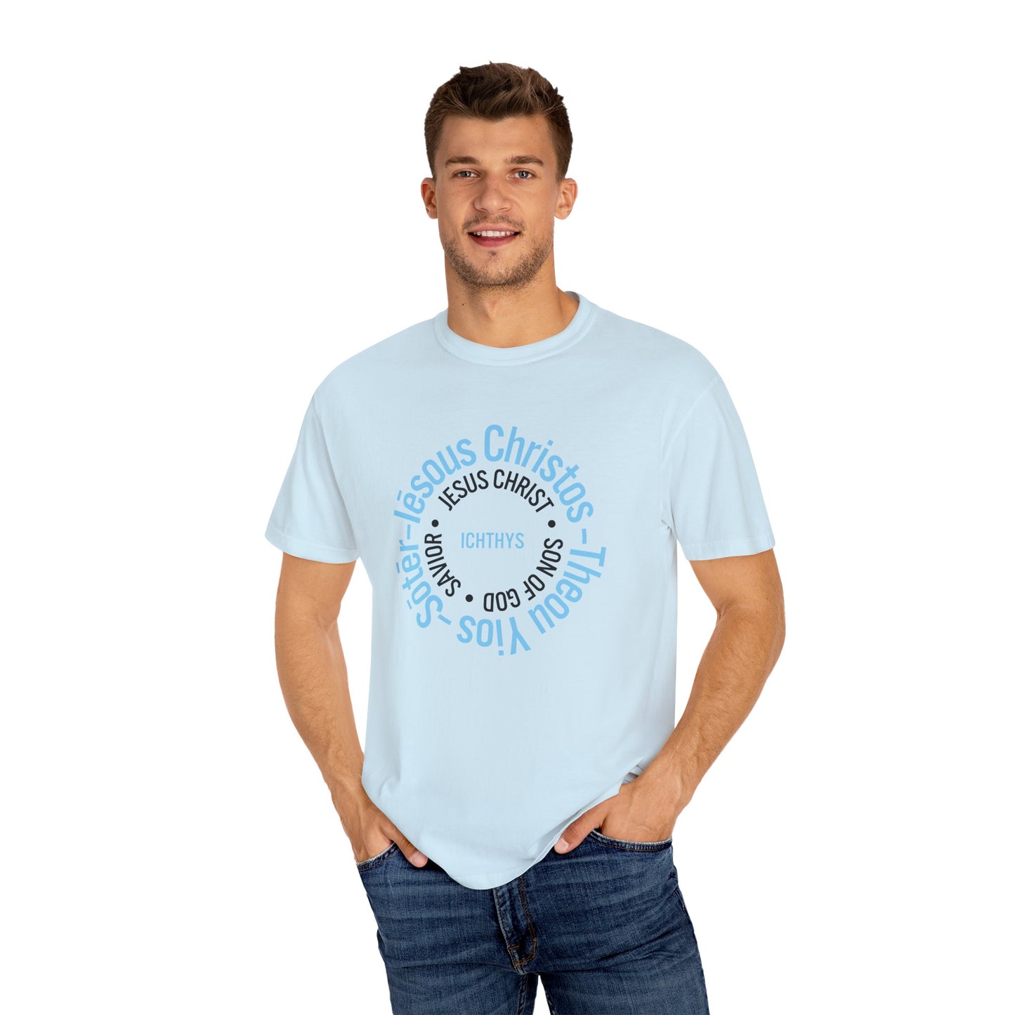 ICHTHYS 911 Blue & Black Font "Iēsous Christos, Theou Yios, Sōtēr" - Collection - Reverse Design - Unisex Garment Dyed - 100% US Cotton - Christian Graphic Tee - Gym - T - Christian Faith - Jesus Wear - Women T-Shirt - Men T-Shirt