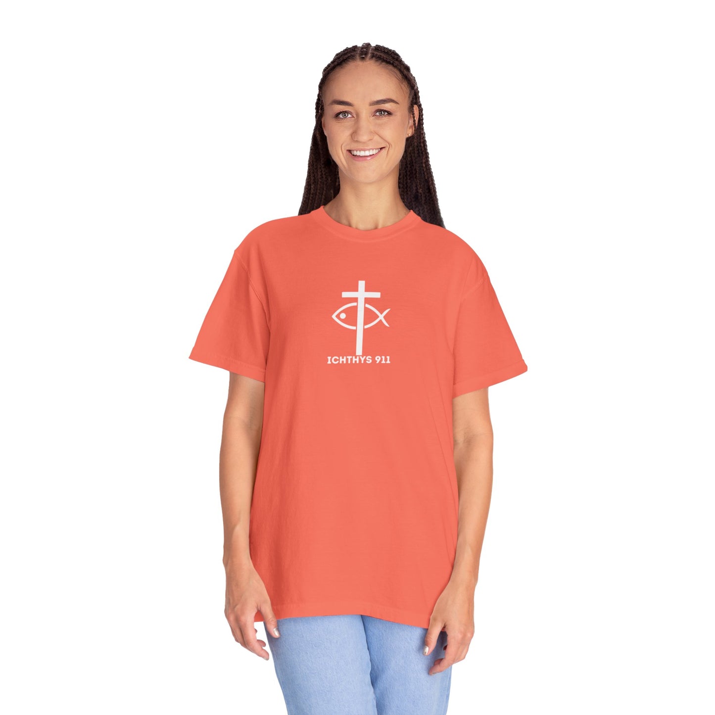 ICHTHYS 911 - White Font "Authentic" - Christian Streetwear T-Shirt – Unisex - Women T-Shirt - Men T-Shirt - Jesus Gym & Faith Fashion, Unisex Garment-Dyed T-Shirt