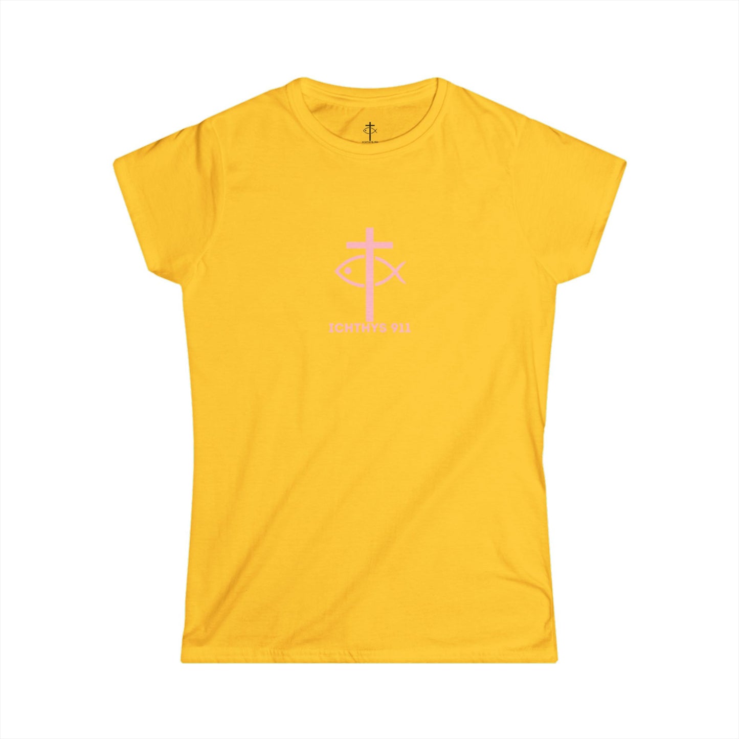 ICHTHYS 911 Pink Font "Run With Endurance" - Inspirational Faith Tee for Women - Wear Your Faith - Hebrews 12:1 - Semi-Fitted