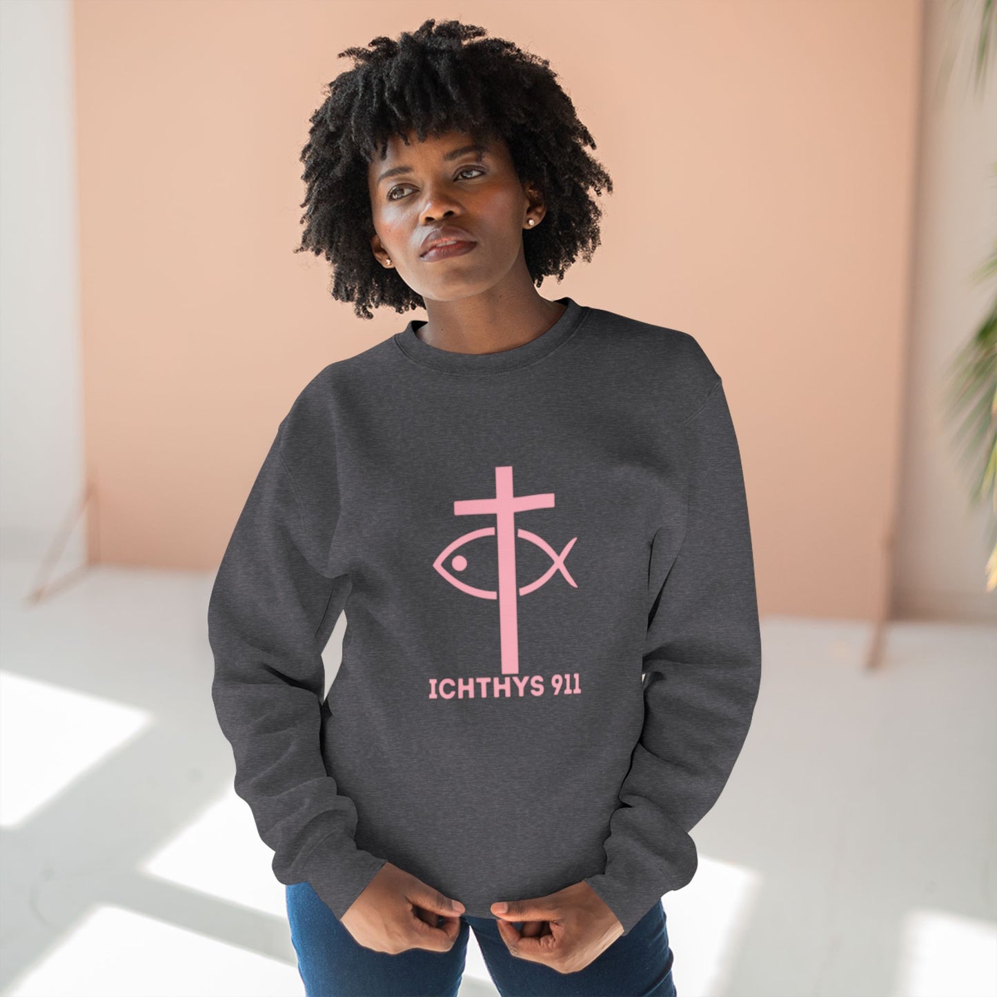 ICHTHYS 911 Minimal Pink Cross Crewneck Sweatshirt — Unisex -