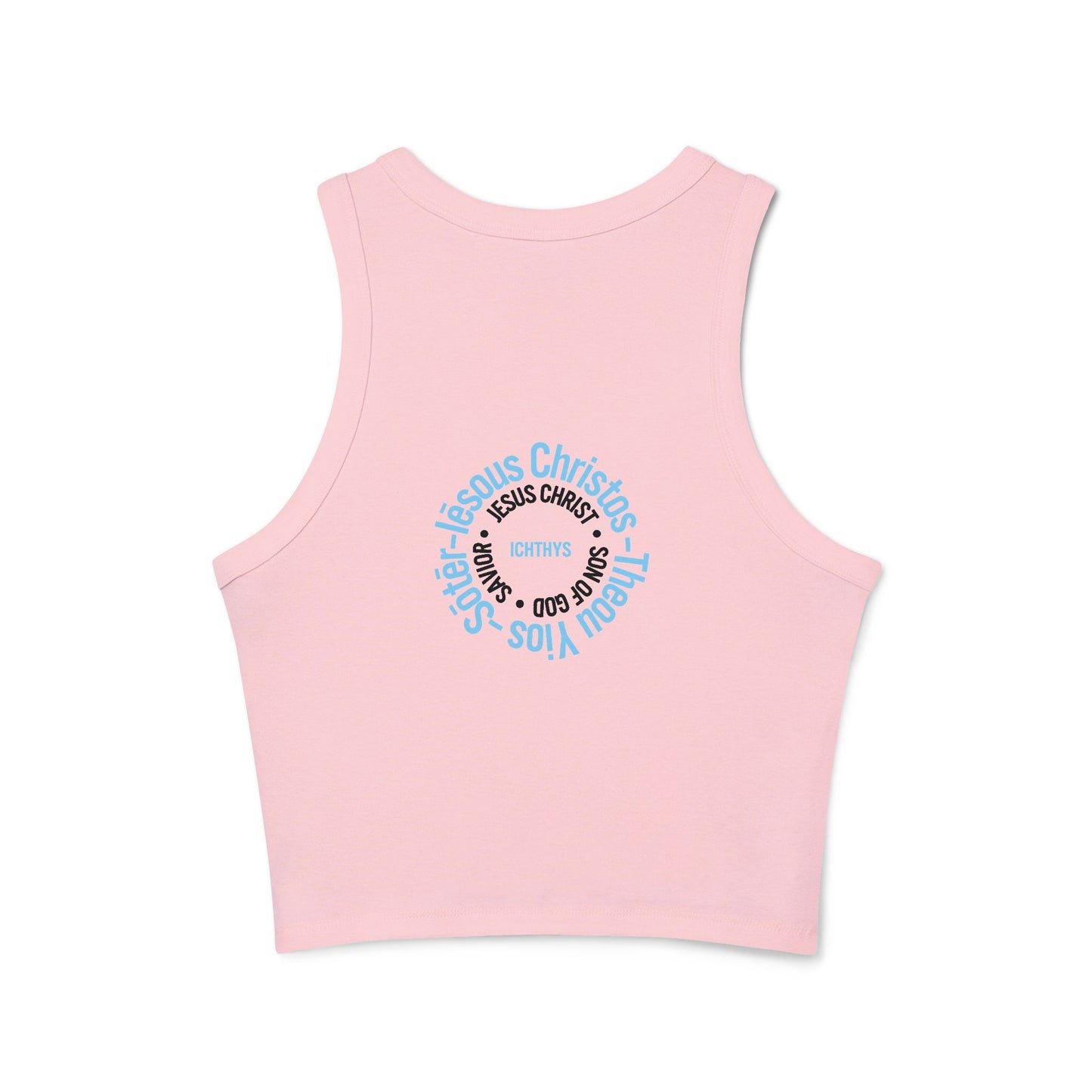 Iēsous Christos, Theou Yios, Sōtēr - Pink Font Faith-Inspired Women's Micro Rib Racer Tank Top - Cute Jesus Christ Design - Women Tank - Christian - Work Out - ICHTHYS 911 Design