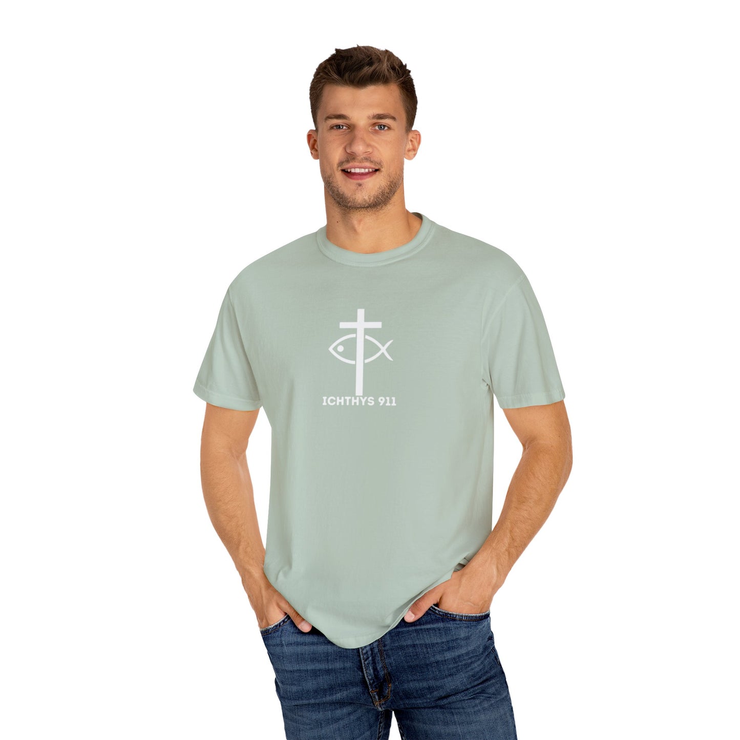 ICHTHYS 911 - White Font "Faith, Hope, & Love" - Garment Dyed - 100% US Cotton - Unisex T-Shirt - Men T-Shirt - Christian Women Tee - Faith-Inspired Shirt - Christian Fashion - Wear Your