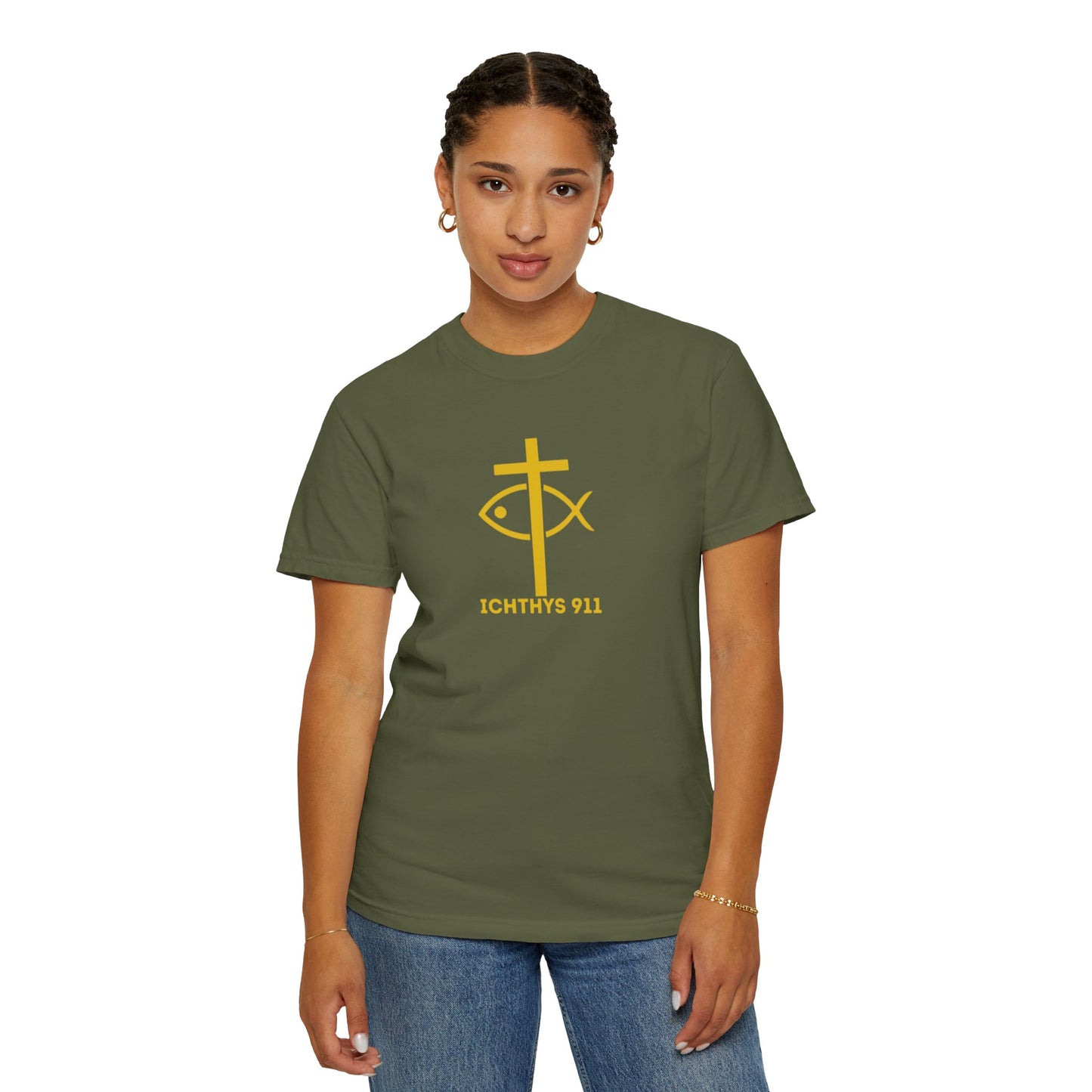 "Jesus Christ Son of God Savior" - Gold Font - Unisex Garment Dyed T- Shirt - Men T-Shirt - Women T-Shirt - Christian Streetwear T-Shirt – Jesus Gym & Faith Fashion,ICHTHYS 911 -