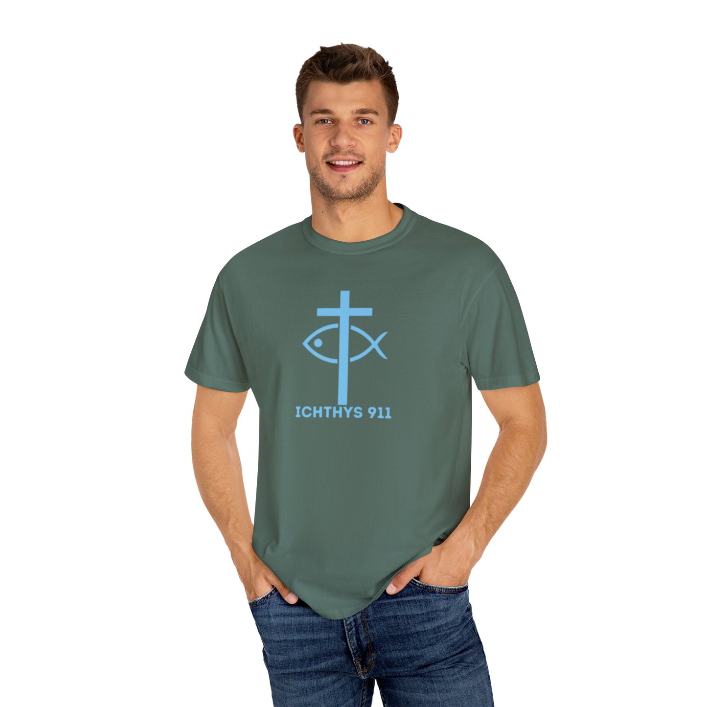 Iēsous Christos, Theou Yios, Sōtēr - Blue Font - Garment-Dyed Unisex T-Shirt - Men T-Shirt - Women T-Shirt - Christian Symbol - Greek - Faith Inspired -Christian Streetwear – Jesus Gym & Faith Fashion, Unisex Garment -ICHTHYS 911 - Additional Colors