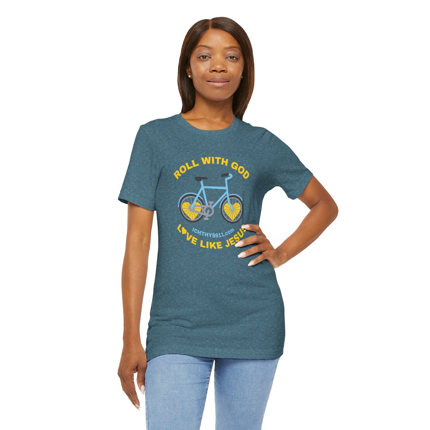 ICHTHYS 911 - "Roll With God Love Like Jesus" - Reverse Design - Unisex T- Shirt - Lightweight 100% Cotton - Summer T - Arm Form Fitting - Men T- Shirt - Women T-Shirt - Christian T-Shirt - Love Like Jesus