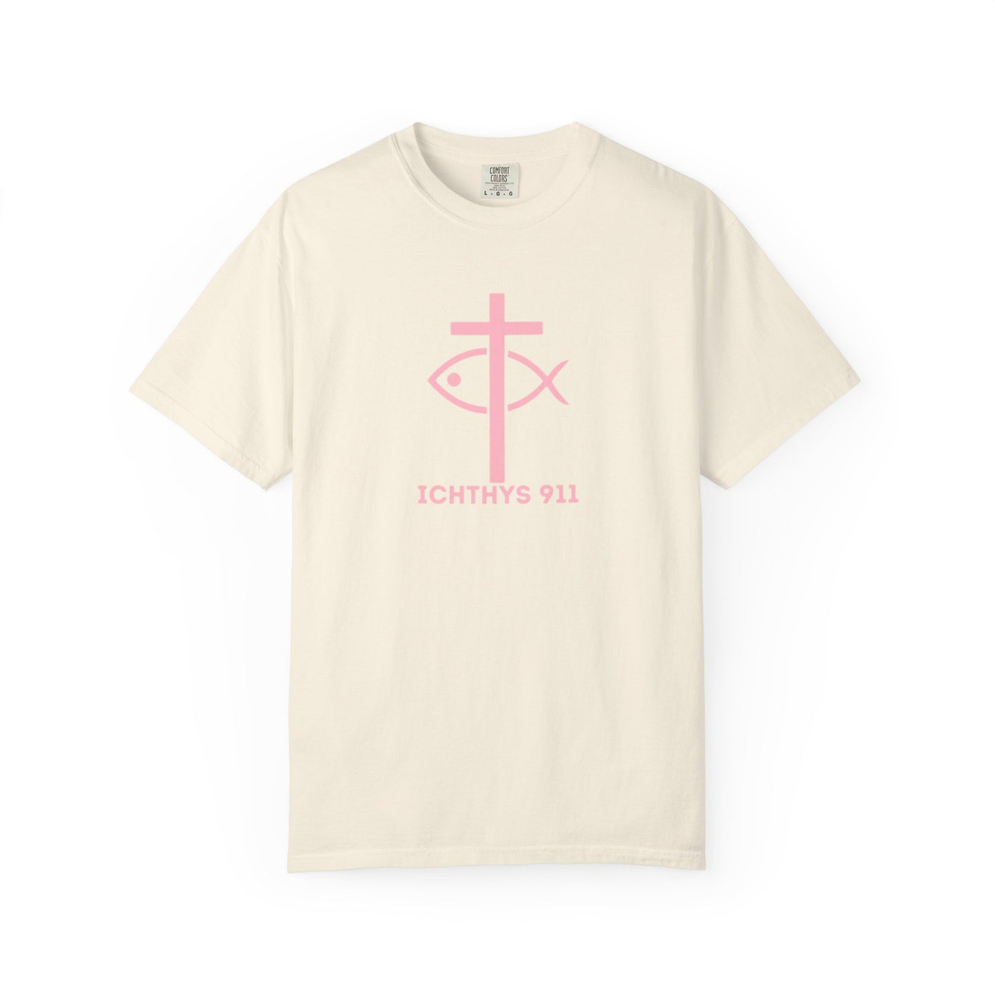 ICHTHYS 911 - Authentic - Christian Streetwear T-Shirt – Jesus Gym & Faith Fashion, Unisex Garment-Dyed T-Shirt Soft Pink Font