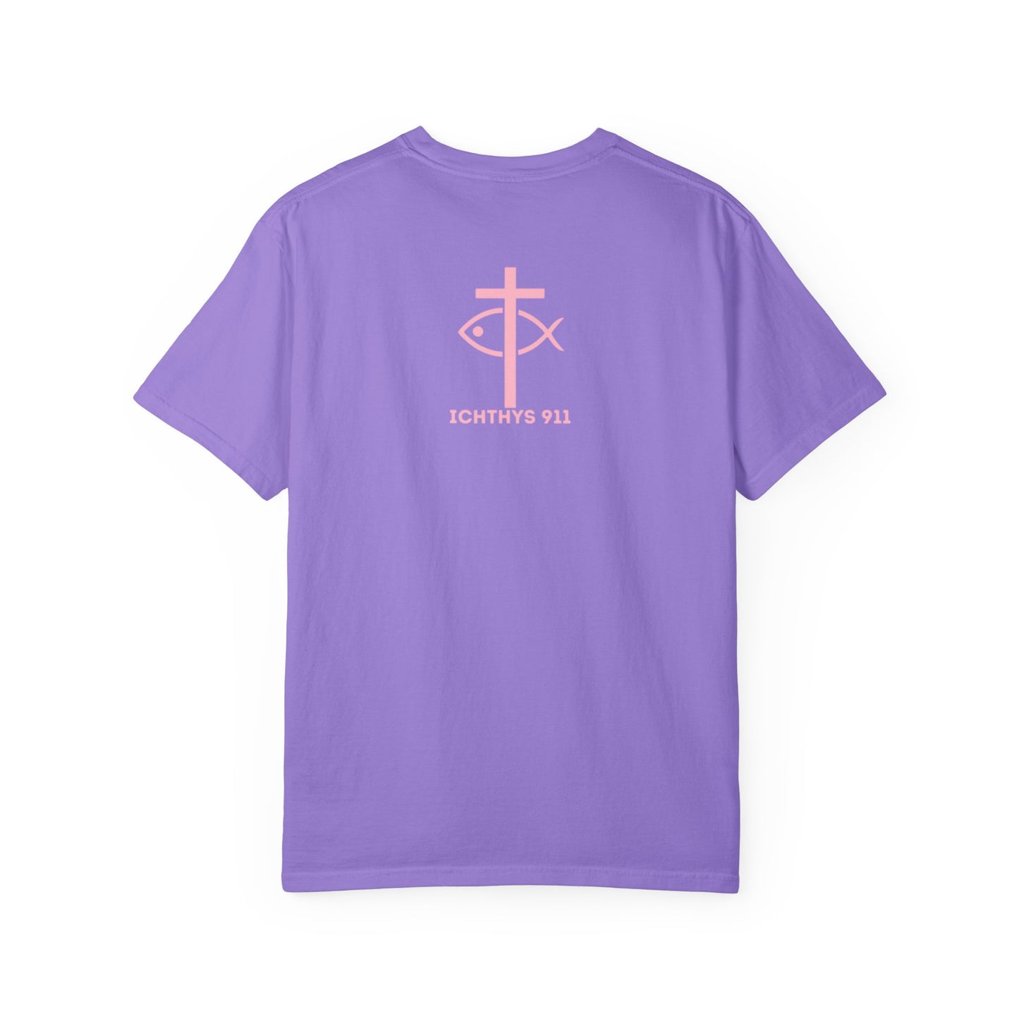 ICHTHYS 911 Pink Font "Badge Collection" - Unisex Garment Dyed T-Shirt 100% US Cotton - Christian Graphic Tee - Gym - T - Christian Faith - Jesus Wear - Women T-Shirt - Men T-Shirt - Garment Dyed