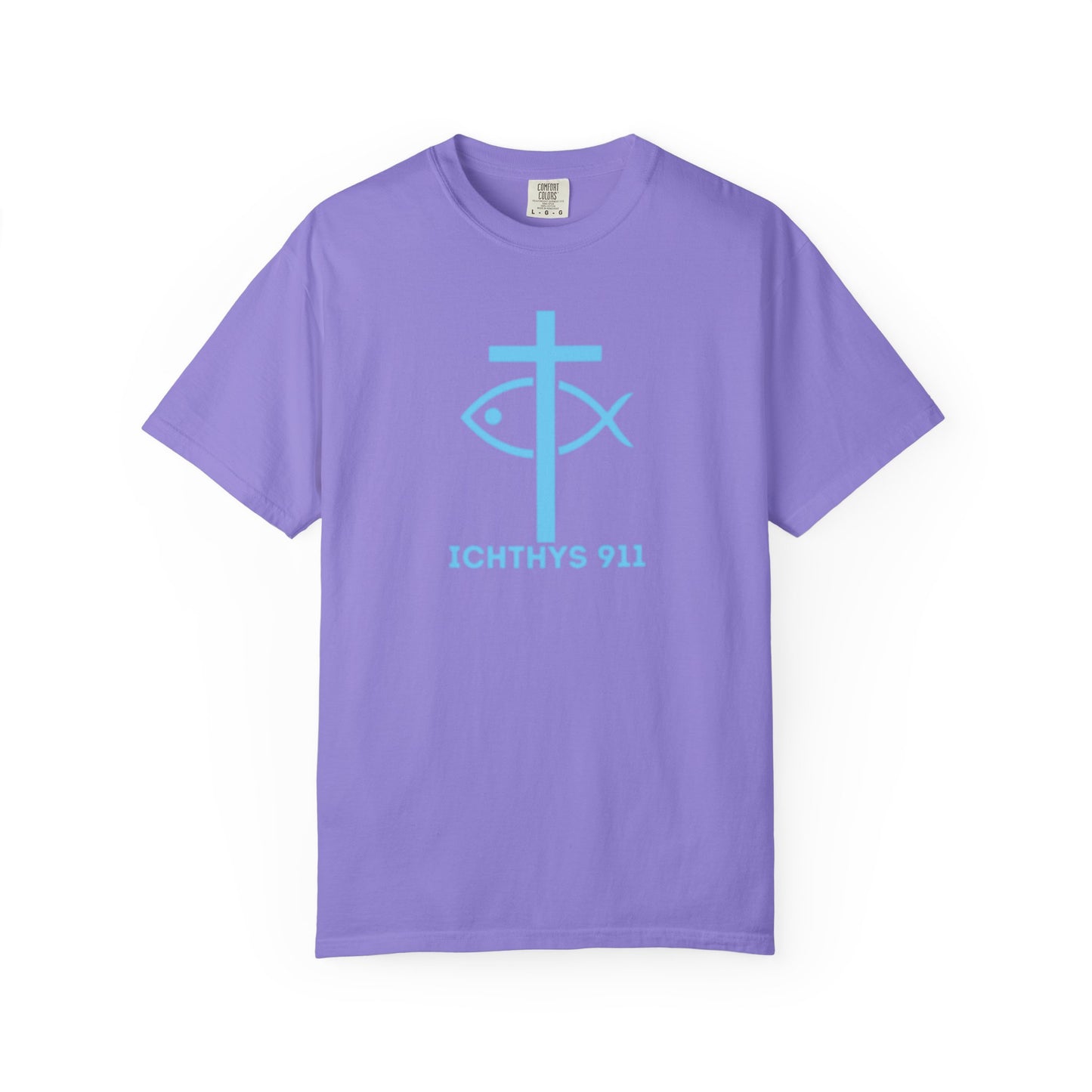 Authentic - Christian Streetwear T-Shirt – Jesus Gym & Faith Fashion, Unisex Garment-Dyed T-Shirt Blue Font - ICHTHYS 911