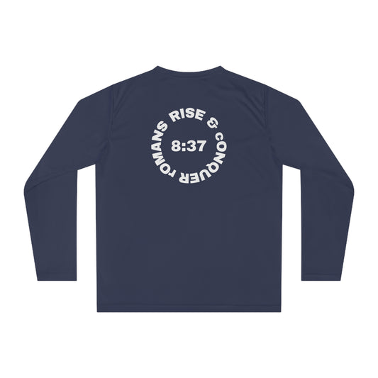 ICHTHYS 911 "Rise & Conquer Romans 8:38"  White Font - Unisex Performance Long Sleeve Shirt - Men - Women - 100% Moisture-Wicking Poly - Christian Activewear
